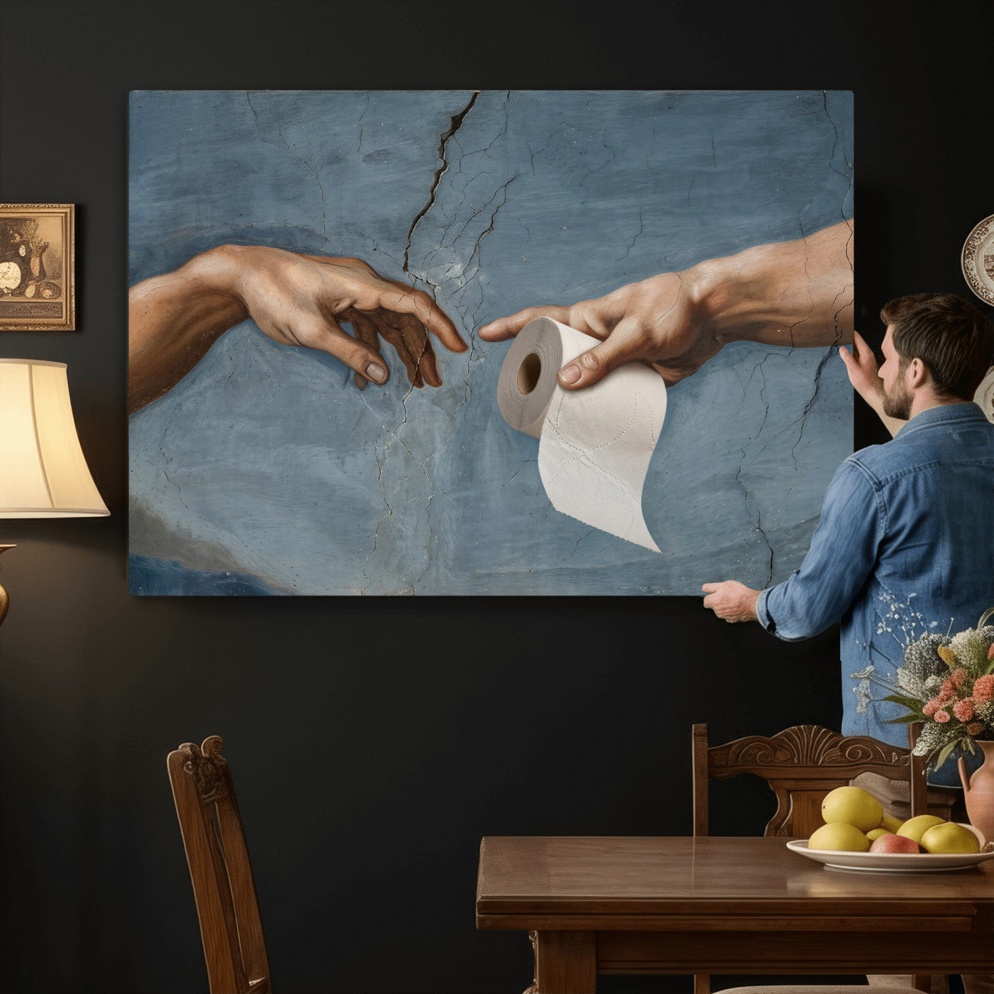 42648143-MGV-CV-36X24 - Funny Bathroom Canvas Wall Art, Michelangelo Creation of Adam Toilet Paper Parody, Renaissance Humor Print, Quirky Housewarming Gift, Toilet Room Decor