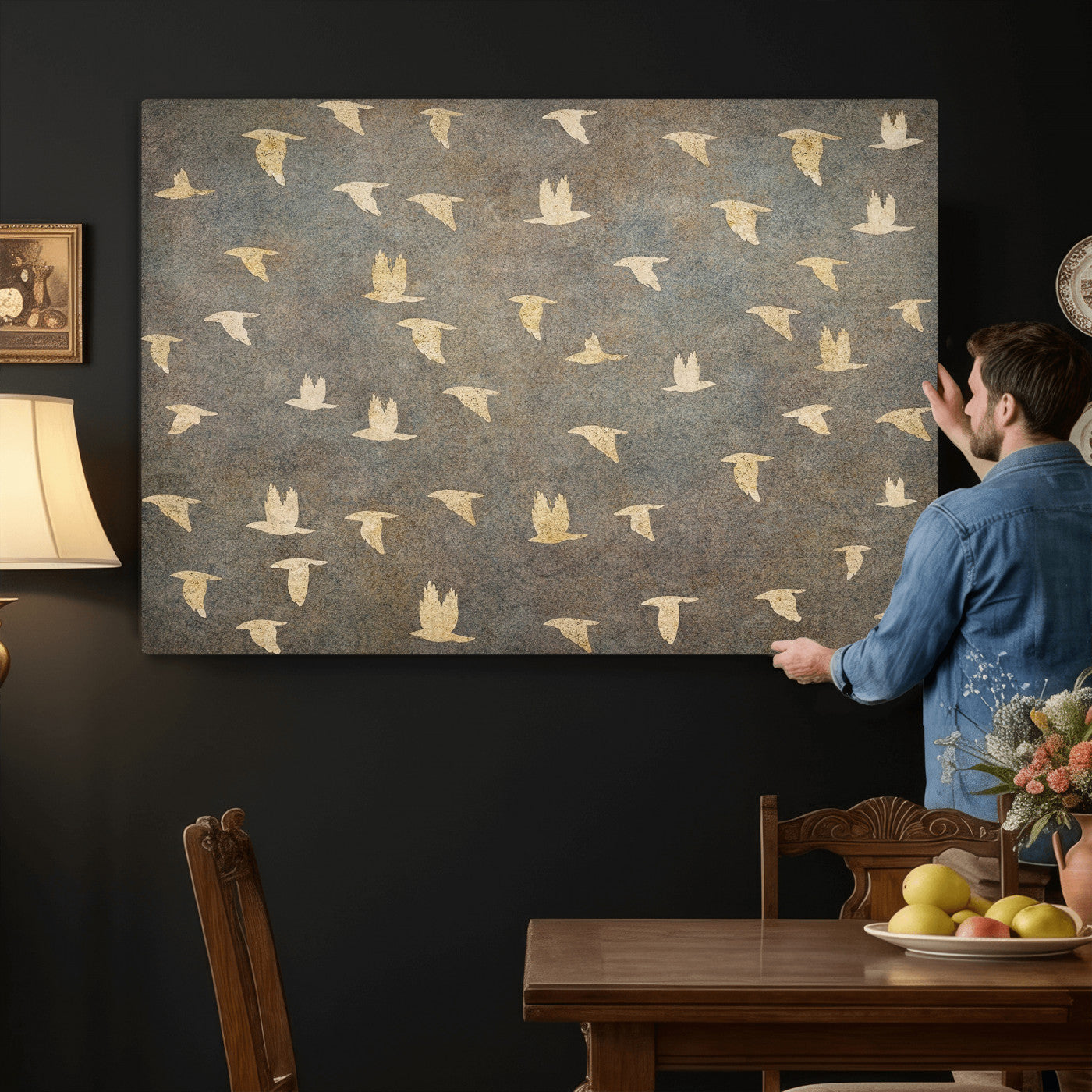 74076164-MGV-CV-36X24 - Flying Birds Canvas Wall Art, Vintage Bird Flock Pattern Print, Grey Gold Abstract Nature Decor, Rustic Bird Silhouette Art, Boho Living Room Decor