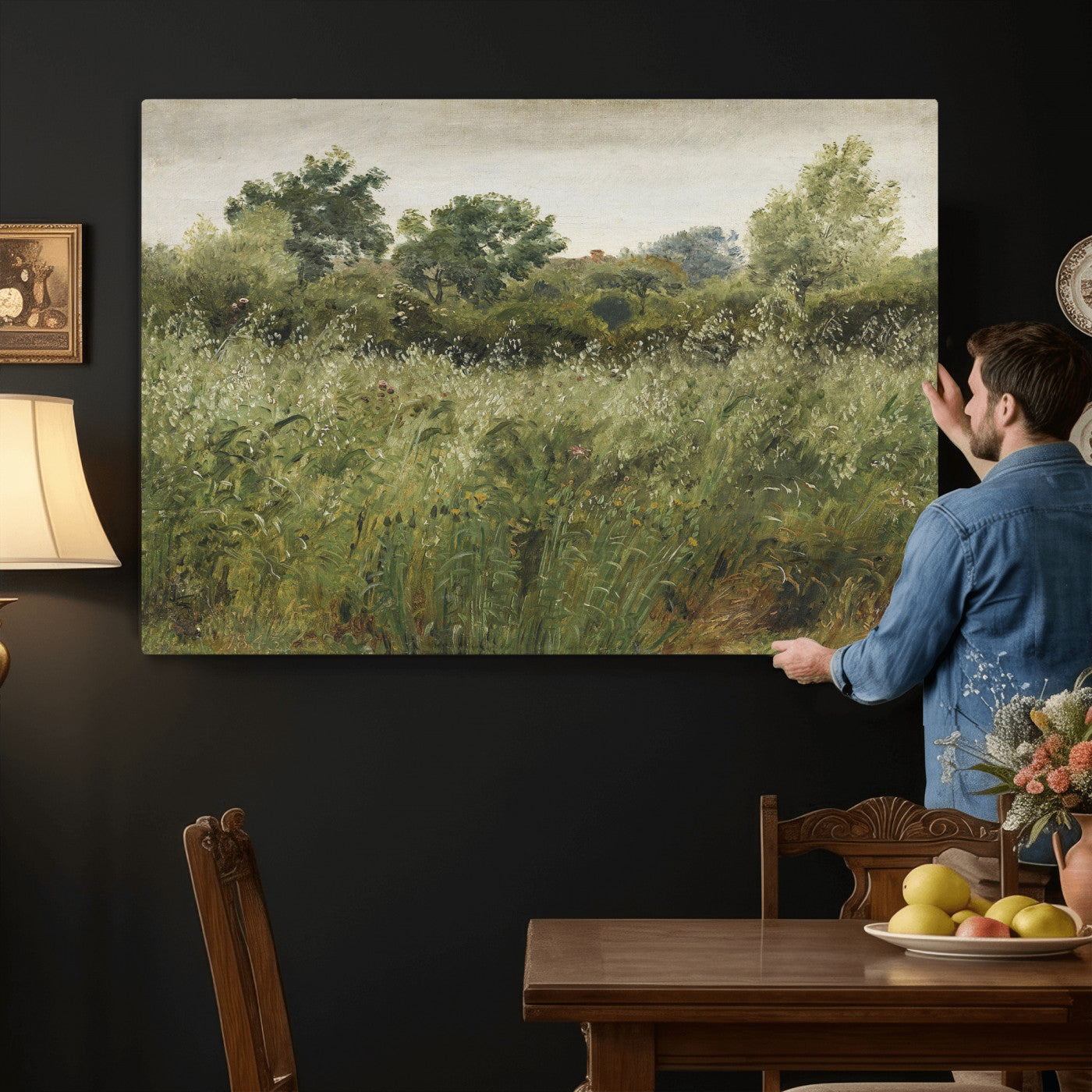 92328261-MGV-CV-36X24 - Wildflower Meadow Canvas Wall Art, Impressionist Overgrown Field Painting Print, Vintage Green Nature Decor, Cottagecore Botanical Art, Living Room Print