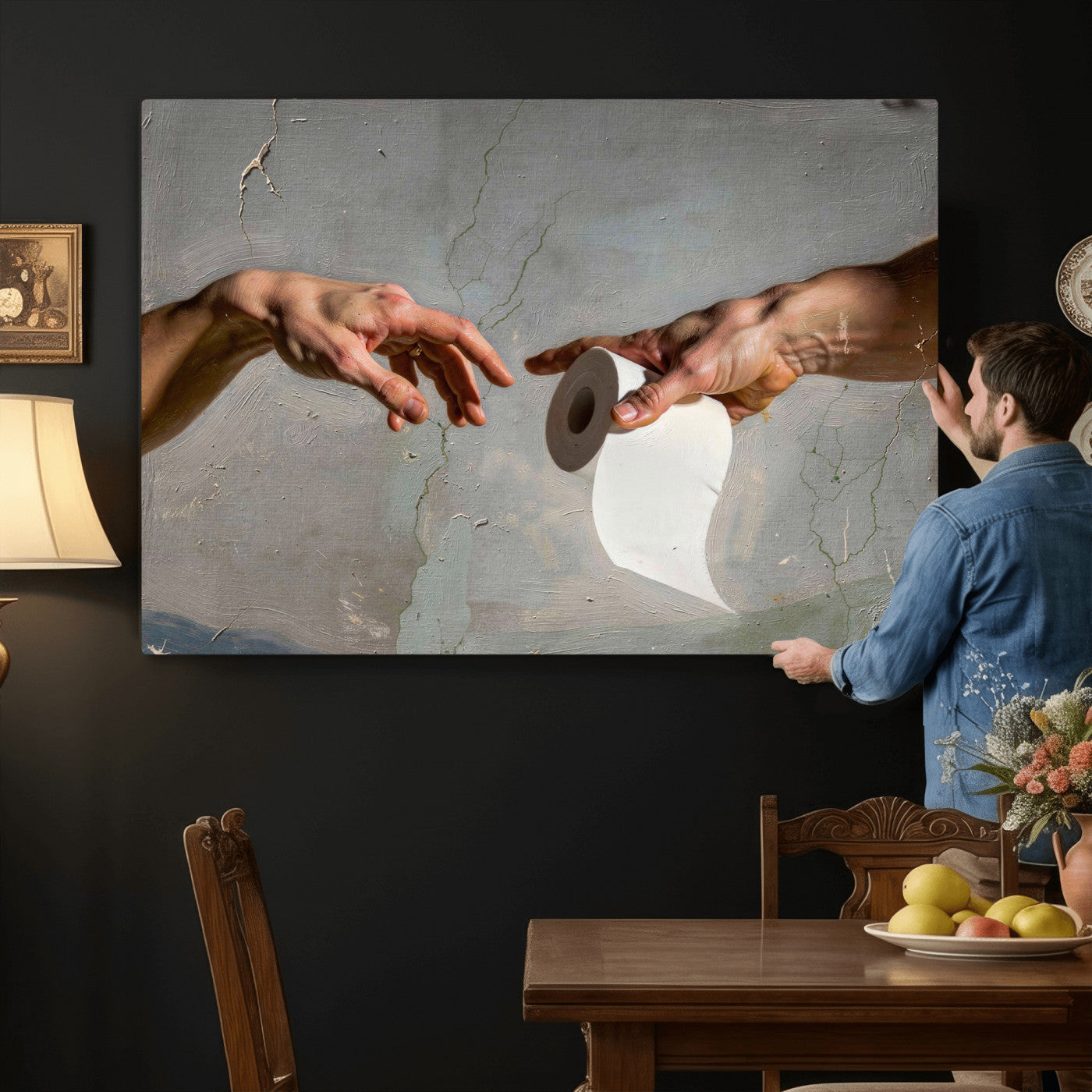 72030048-MGV-CV-36X24 - Funny Bathroom Wall Art Canvas, Creation of Toilet Paper Parody Print, Renaissance Humor Decor, Toilet Room Art, Quirky Housewarming Gift, Classic Art Spoof