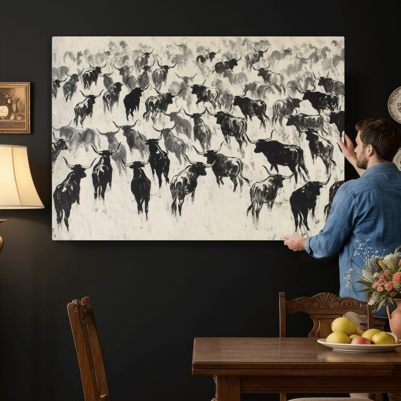 68669792-MGV-CV-36X24 - Longhorn Cattle Canvas Wall Art, Black White Stampede Ink Painting Print, Western Farmhouse Decor, Bull Herd Art, Large Living Room Wall Art, Ranch Home Decor