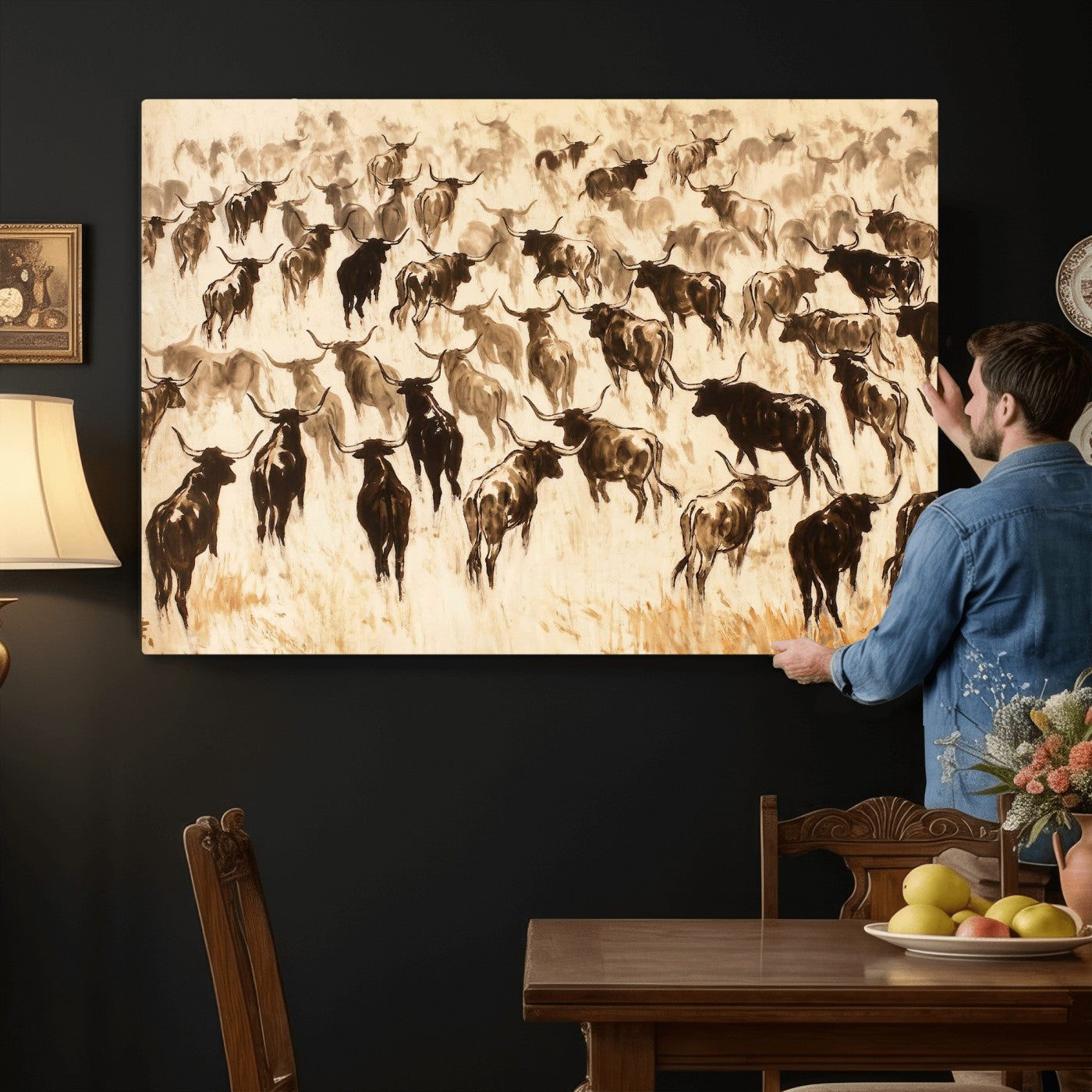 39077774-MGV-CV-36X24 - Texas Longhorn Sepia Canvas Wall Art, Western Cattle Stampede Painting Print, Warm Amber Ranch Decor, Rustic Cowboy Home Art, Large Living Room Decor