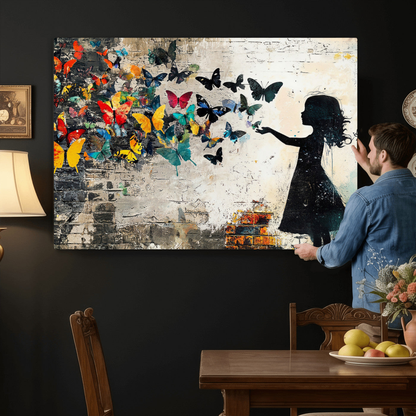 33909022-MGV-CV-36X24 - Banksy Butterfly Girl Wall Art Canvas Print, Framed Street Art Silhouette Graffiti Artwork, Colorful Butterfly Wall Decor for Living Room Bedroom Office