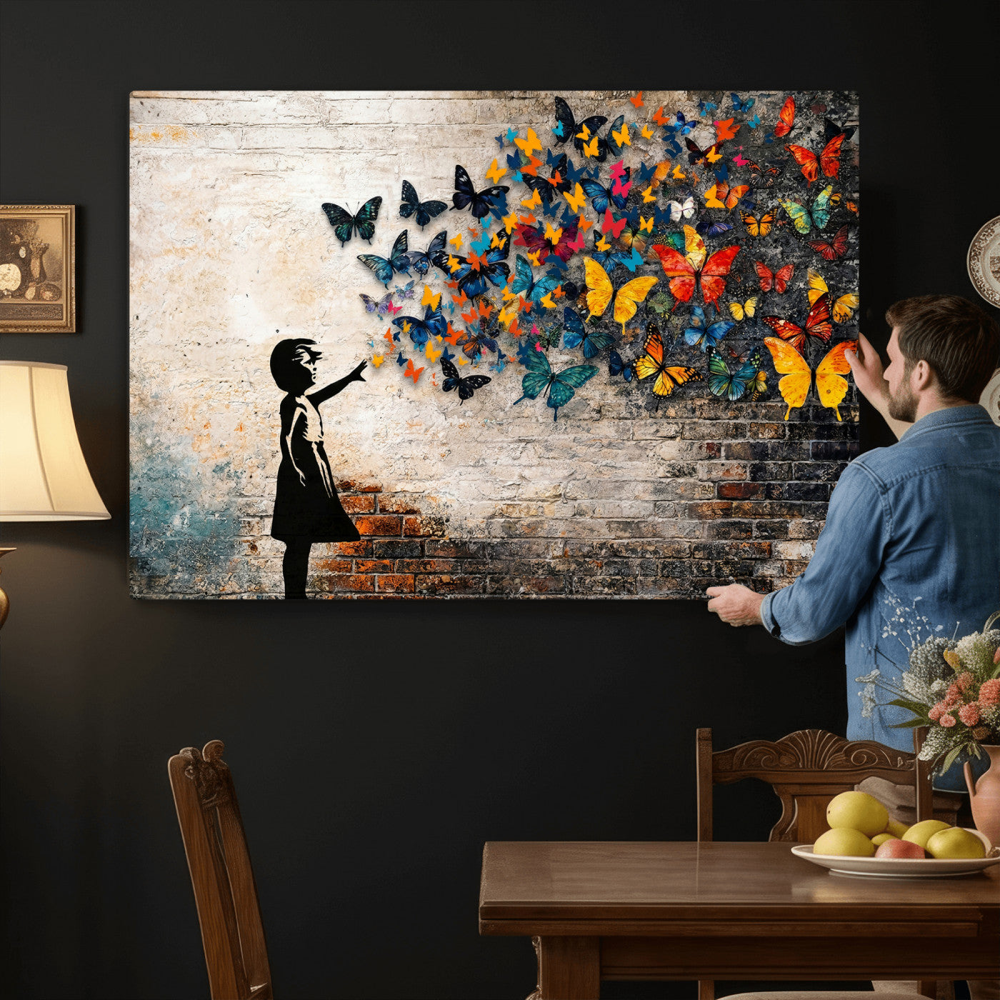 78760384-MGV-CV-36X24 - Banksy Graffiti Butterfly Girl Wall Art Canvas Print, Framed Street Art Canvas Print, Silhouette Butterfly Wall Art for Living Room Bedroom Office
