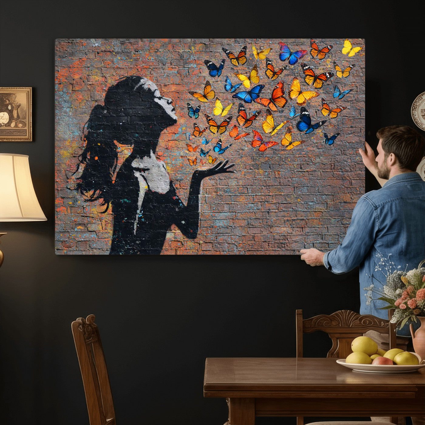 10555939-MGV-CV-36X24 - Urban Banksy Butterfly Girl Wall Art Canvas Print, Framed Street Art Canvas Print, Graffiti Silhouette Butterfly Wall Art for Living Room Bedroom Office