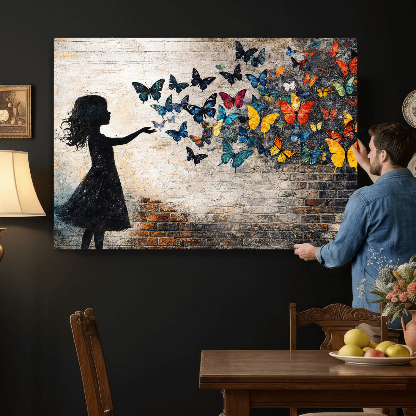 70522594-MGV-CV-36X24 - Banksy Butterfly Girl Wall Art Canvas Print, Framed Street Art Canvas Print, Graffiti Silhouette Butterfly Wall Art for Living Room Bedroom Office