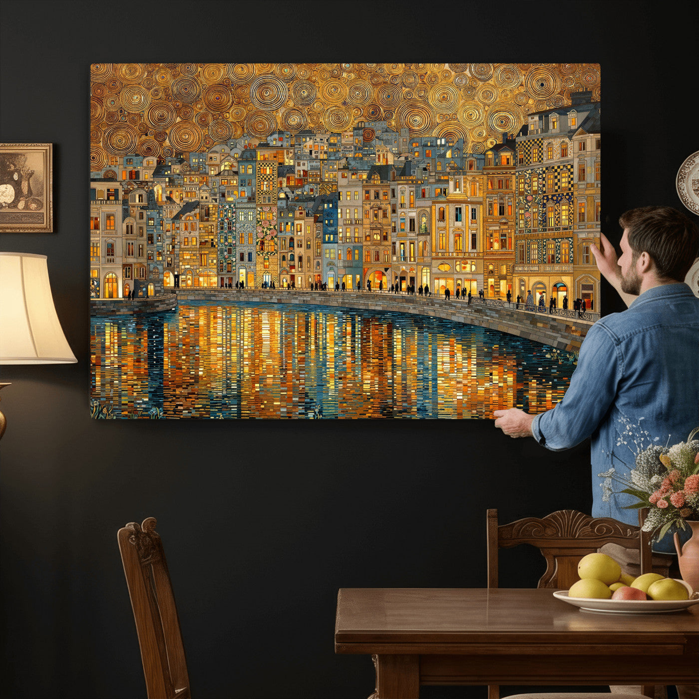 94022787-MGV-CV-36X24 - Gustav Klimt Golden Cityscape Wall Art Canvas Print, Framed River Town Landscape Artwork, Ornate Architecture Wall Decor for Living Room Bedroom Office