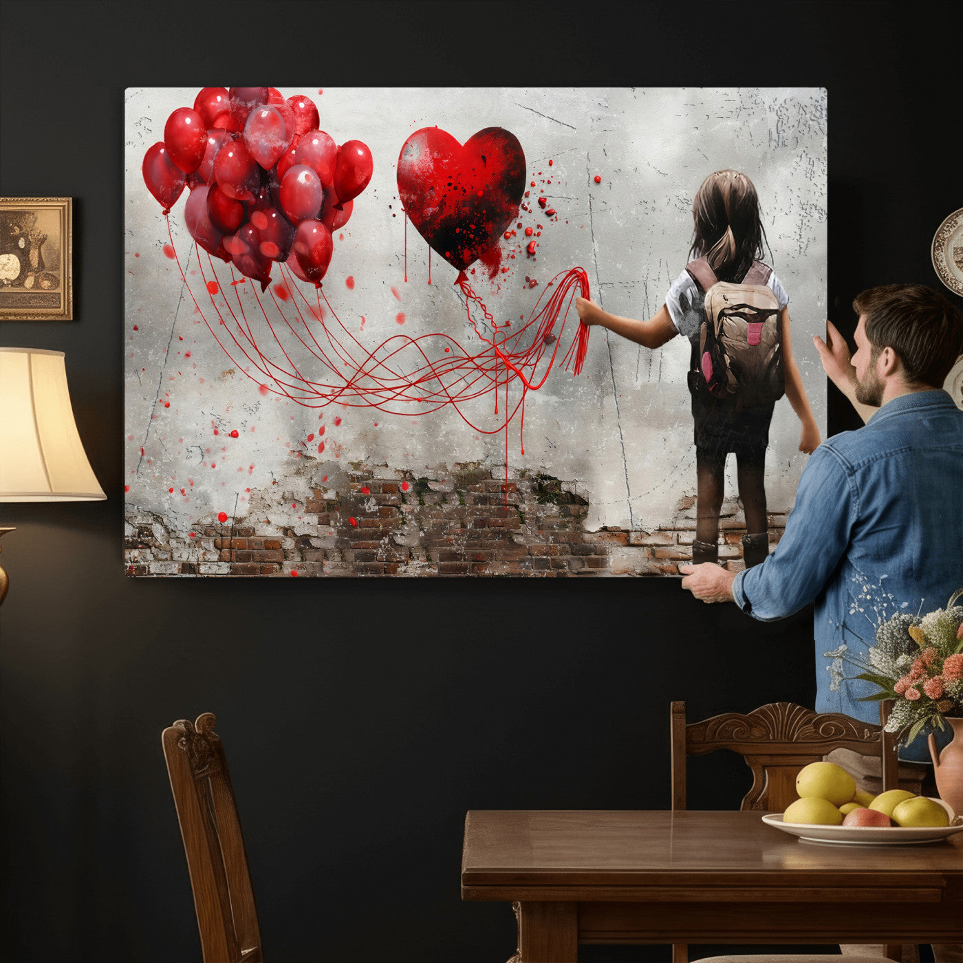 2162830T-MGV-CV-36X24 - Girl Graffiti Wall Art Canvas Print, Red Balloon Heart Street Art, Urban Love Artwork for Living Room Bedroom Hallway Office, Modern Abstract Canvas Wall Decor Home Decor