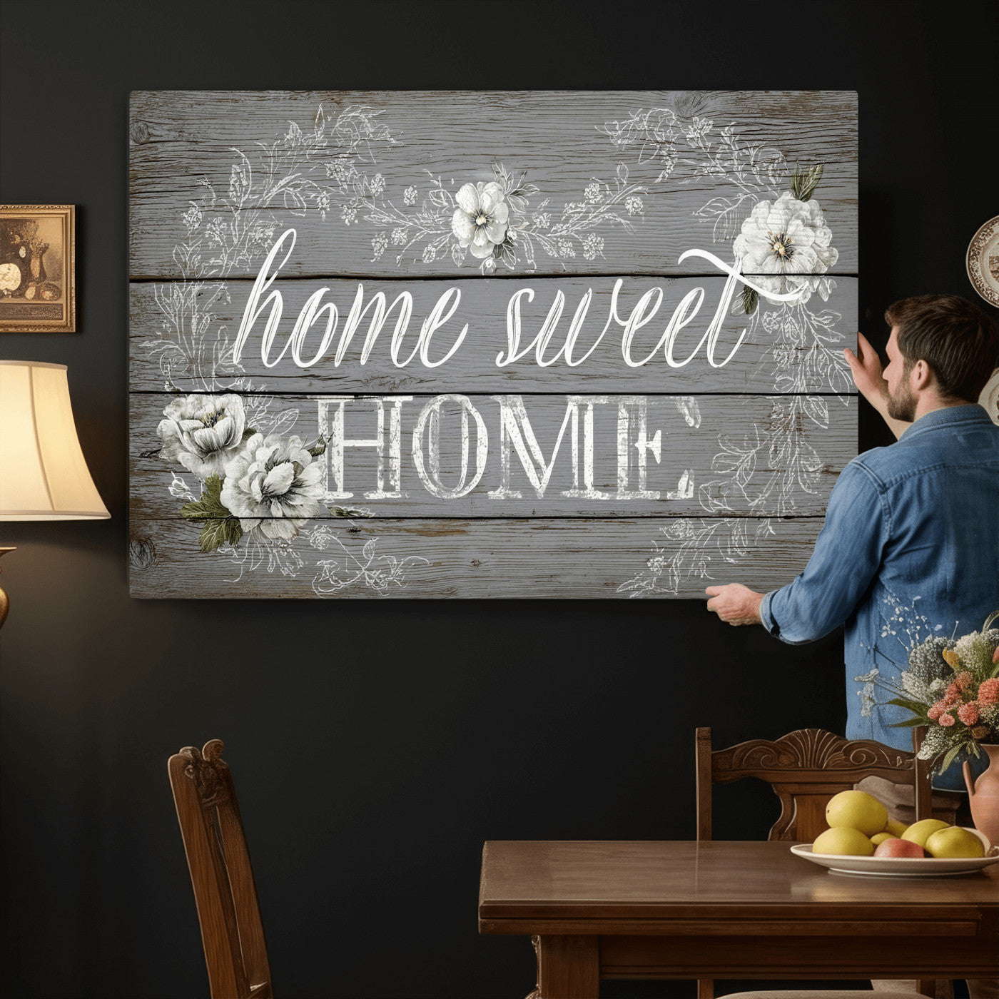 42160089-MGV-CV-36X24 - Home Sweet Home Sign Wall Art Canvas Print, Floral Farmhouse Sign, Rustic Neutral Entryway Bedroom Living Room Decor