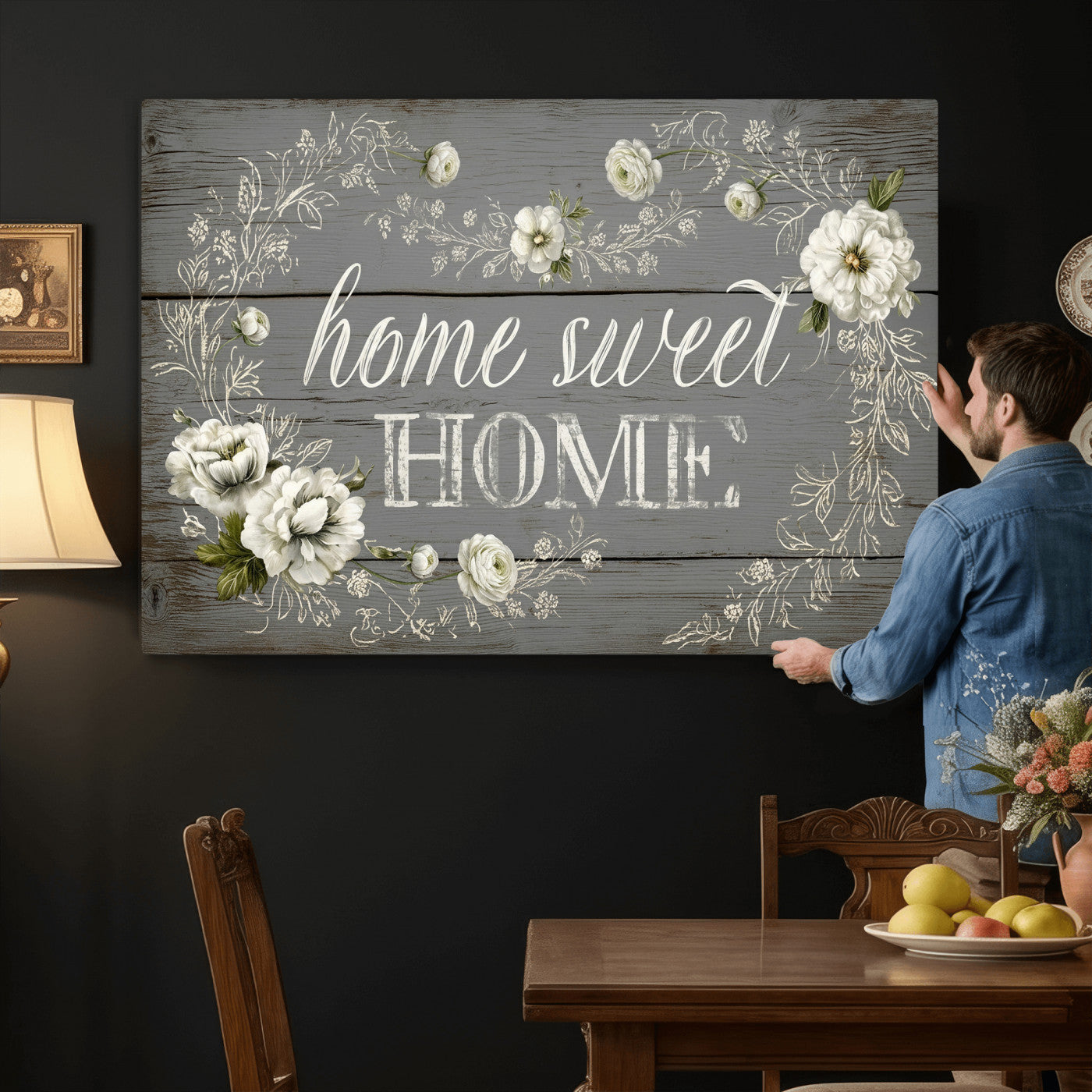 32056075-MGV-CV-36X24 - Home Sweet Home Wall Art Canvas Print, Floral Farmhouse Sign, Rustic Neutral Entryway Bedroom Living Room Decor