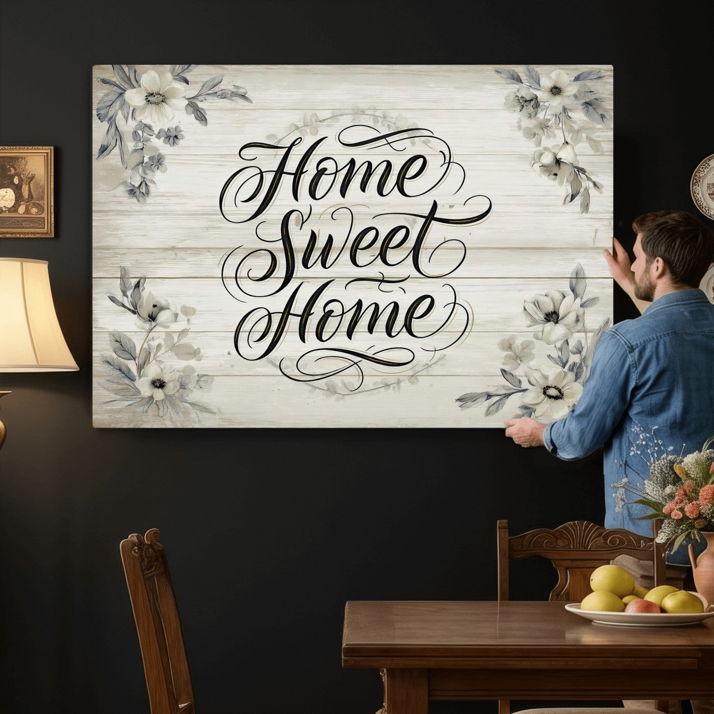 11120405-MGV-CV-36X24 - Home Sweet Home Wall Art Canvas Print, Floral Farmhouse Sign, Rustic Neutral Entryway Bedroom Living Room Decor