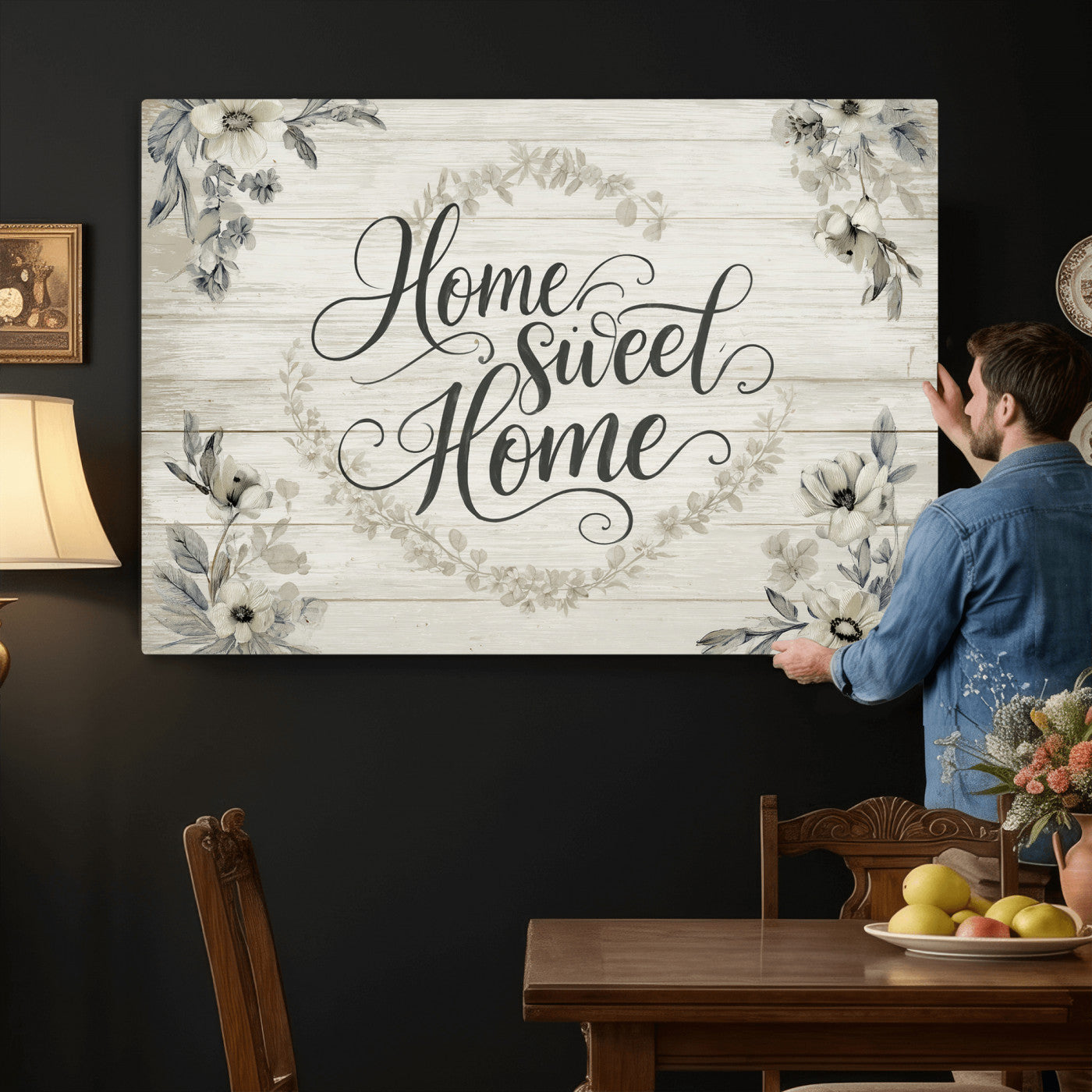 81157008-MGV-CV-36X24 - Home Sweet Home Wall Art Canvas Print, Floral Farmhouse Sign, Rustic Neutral Entryway Bedroom Living Room Decor