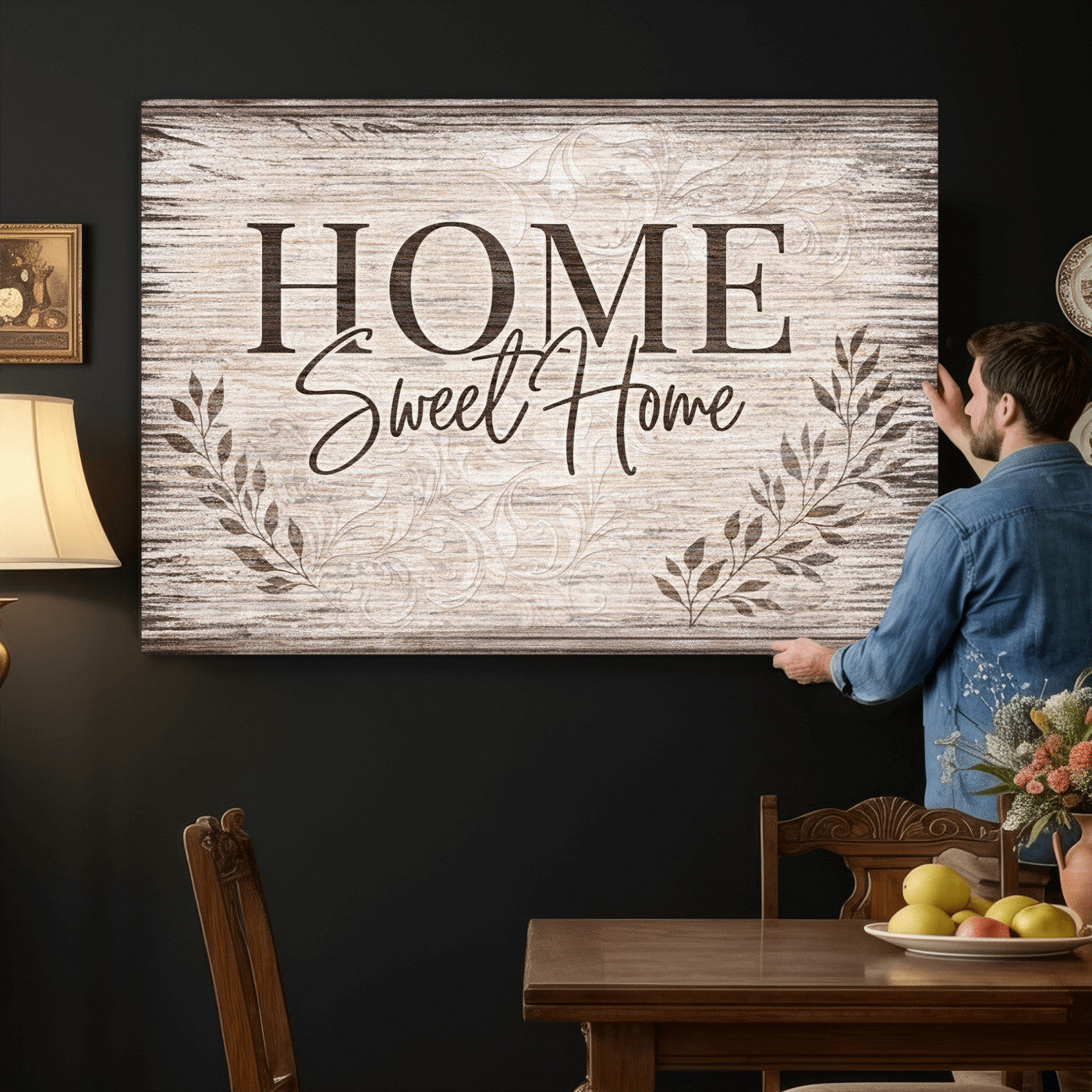 81157008S-MGV-CV-36X24 - Home Sweet Home Wall Art Canvas Print, Floral Farmhouse Sign, Rustic Neutral Entryway Bedroom Living Room Decor