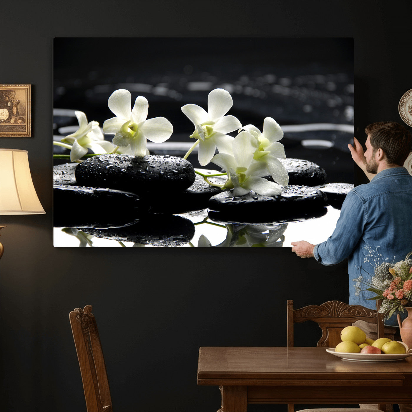 79486206-MGV-CV-36X24 - Plumeria Frangipani Black Stone Canvas | White Flower Spa Photography Print | Tropical Zen Wall Art | Grey Pebble Floral for Meditation Room Decor