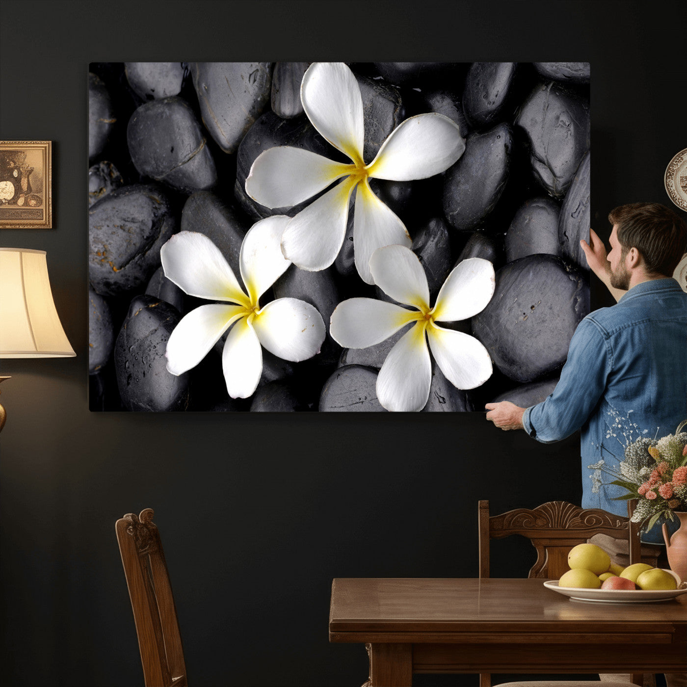 43639613-MGV-CV-36X24 - Plumeria Frangipani Black Stone Canvas | White Flower Spa Photography Print | Tropical Zen Wall Art | Grey Pebble Floral Decor