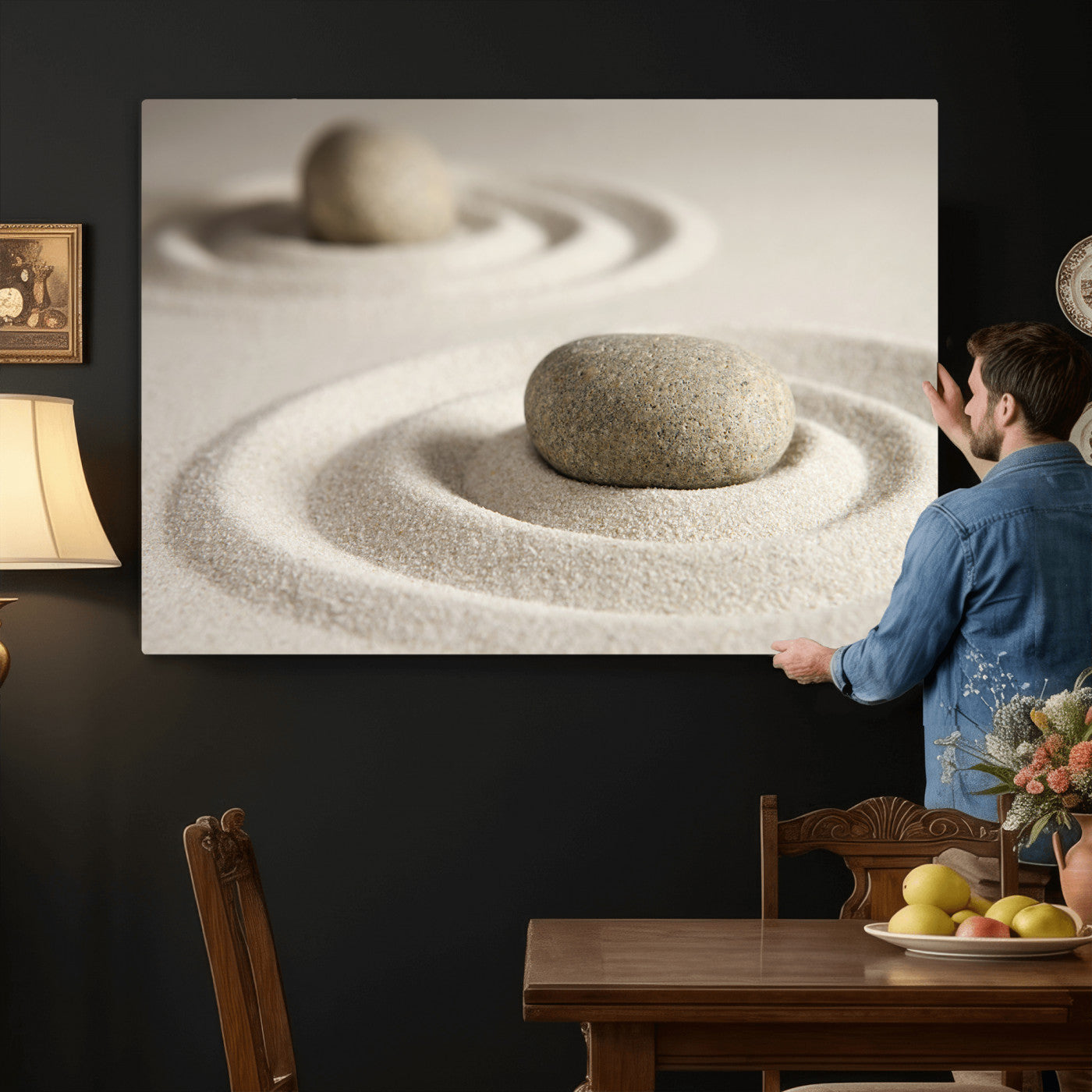 13397966-MGV-CV-36X24 - Zen Garden Stone Sand Canvas | Japanese Rock Garden Wall Art | Minimalist Meditation Print | Neutral Beige Mindfulness Decor