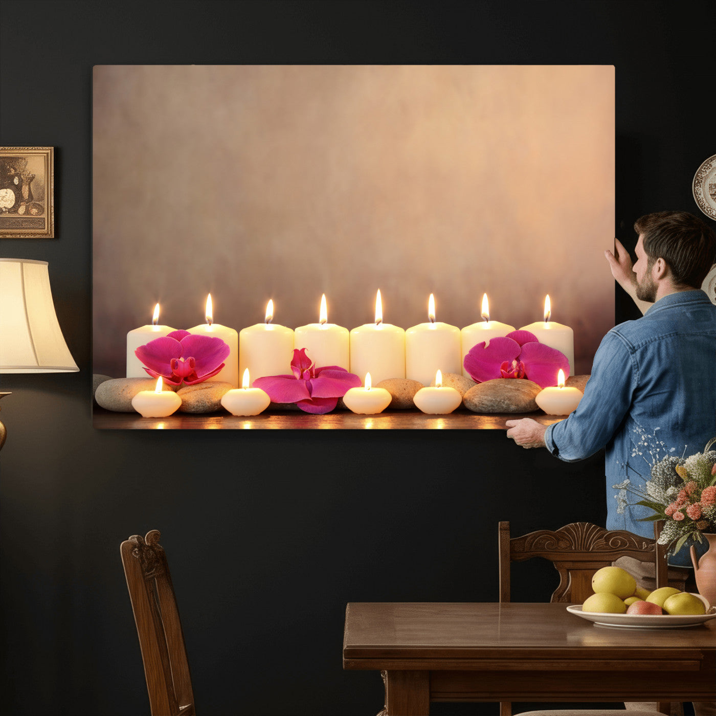 59470569-MGV-CV-36X24 - Spa Candles Orchid Canvas Print | Zen Wellness Relaxation Wall Art | Pink Flower Candlelight Bathroom Decor | Calm Beige Photography