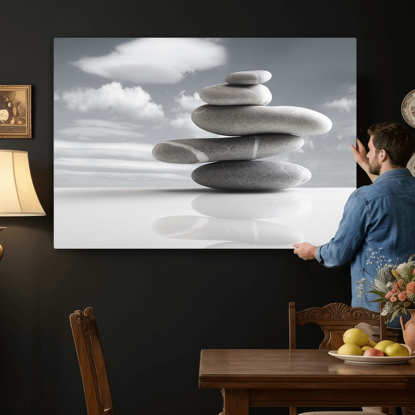 86426188-MGV-CV-36X24 - Zen Stone Wall Art Canvas Print, Balanced Rock Stack Framed Spa Artwork, Minimalist Meditation Decor for Living Room Bedroom Office Bathroom