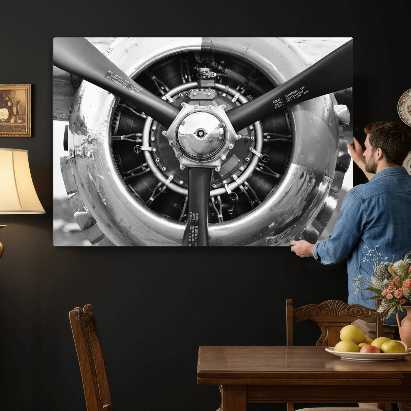 73322230-MGV-CV-36X24 - Vintage Propeller Plane Wall Art Canvas Print, Black and White Airplane Engine Close Up Framed Aviation Artwork for Pilot Office Hangar Decor