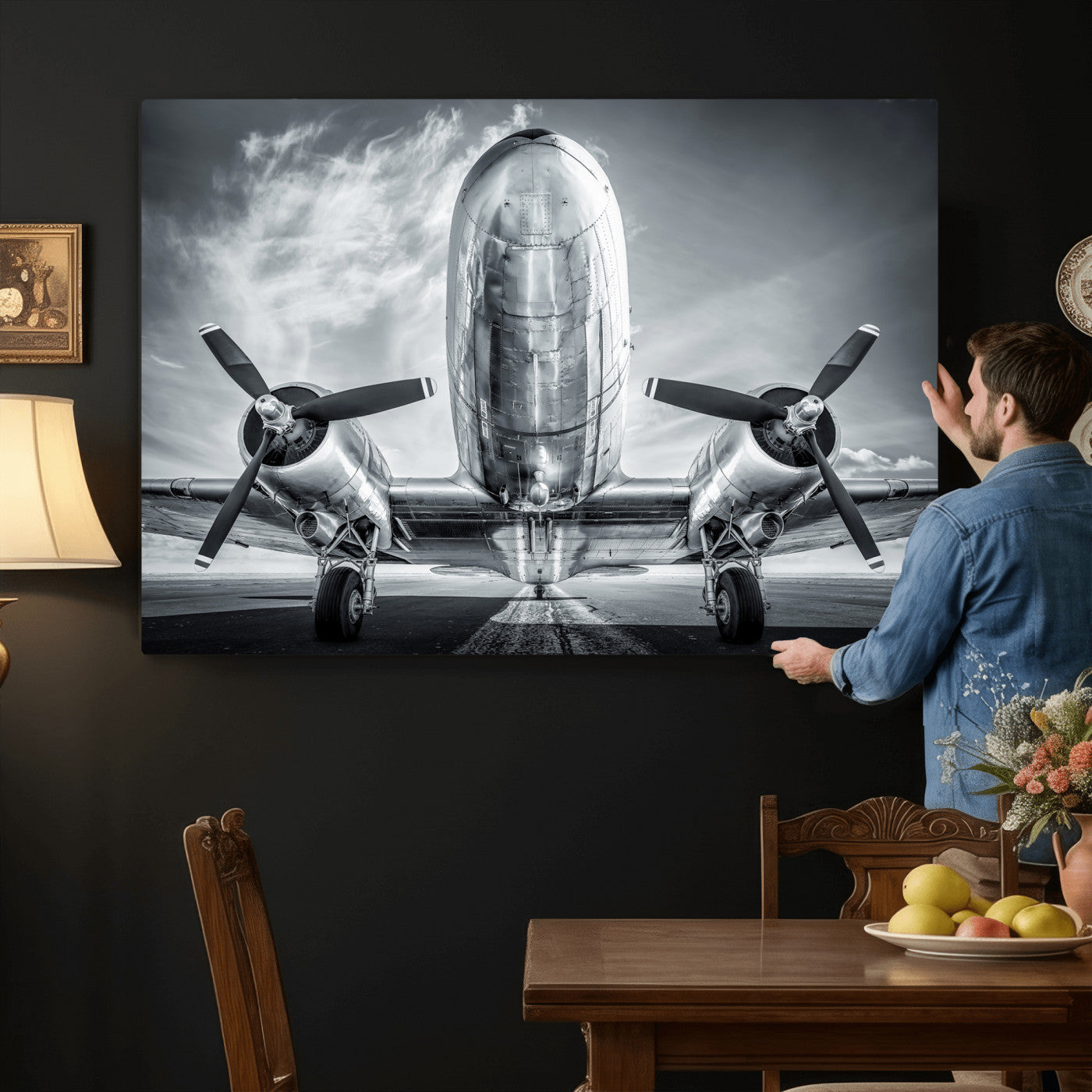 59729636-MGV-CV-36X24 - Vintage Propeller Plane Wall Art Canvas Print, Black and White Airplane Engine Close Up Framed Aviation Artwork for Pilot Office Hangar Decor