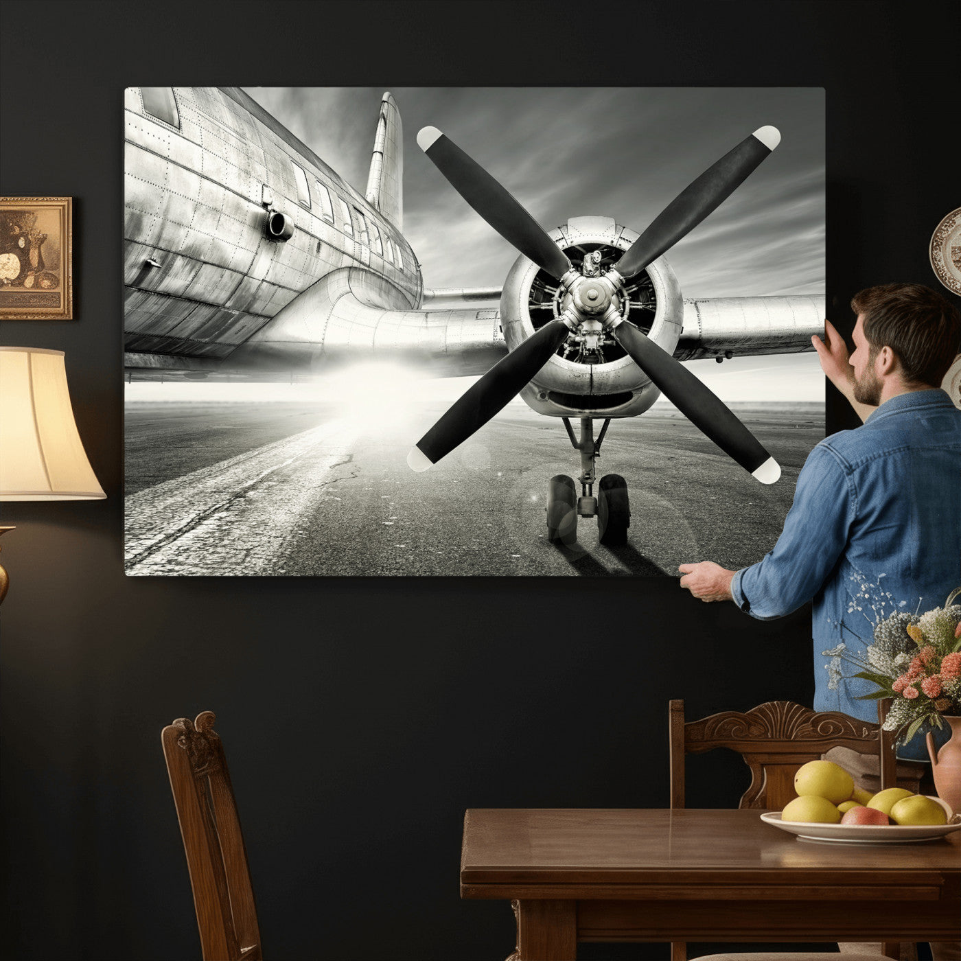 16420255-MGV-CV-36X24 - Vintage Airplane Wall Art Canvas Print, Black and White Propeller Aircraft Framed Aviation Artwork for Pilot Office Hangar Living Room Decor