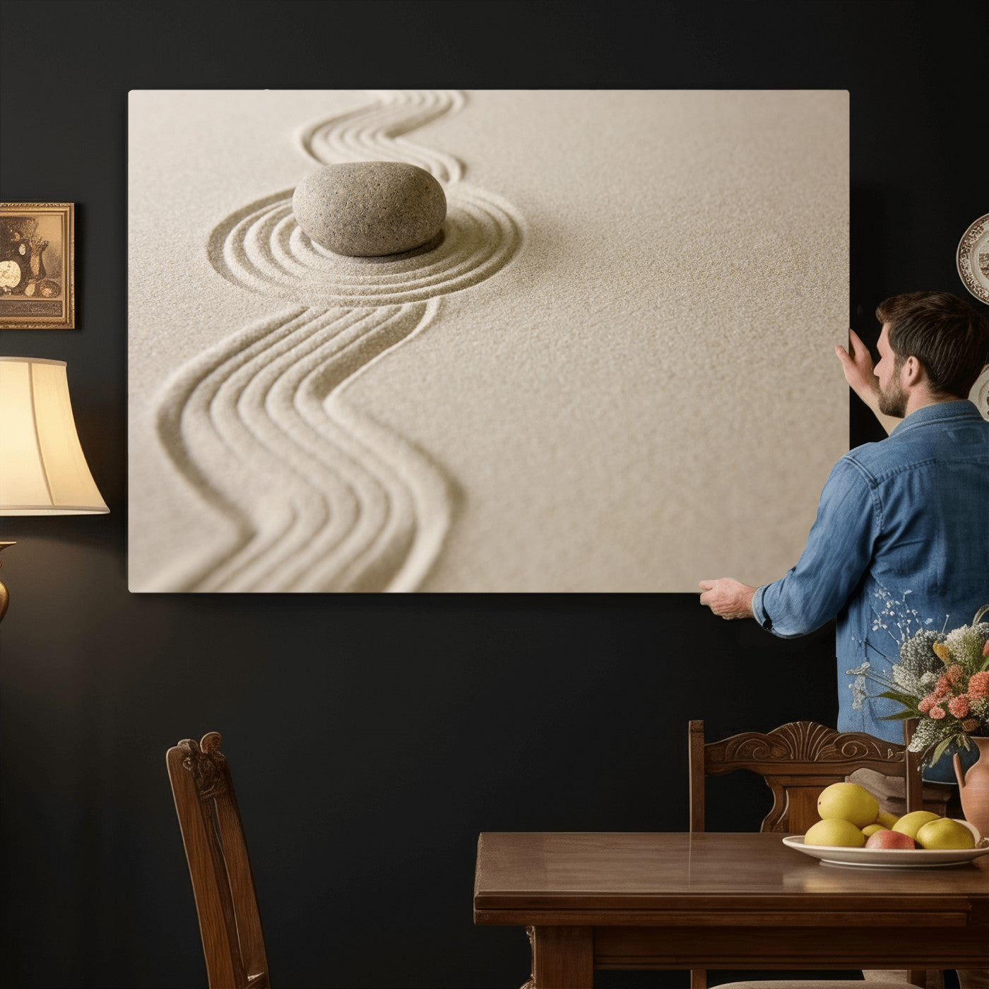 66852661-MGV-CV-36X24 - Zen Garden Stone Sand Canvas | Japanese Rock Garden Wall Art | Minimalist Meditation Print | Neutral Beige Mindfulness Decor