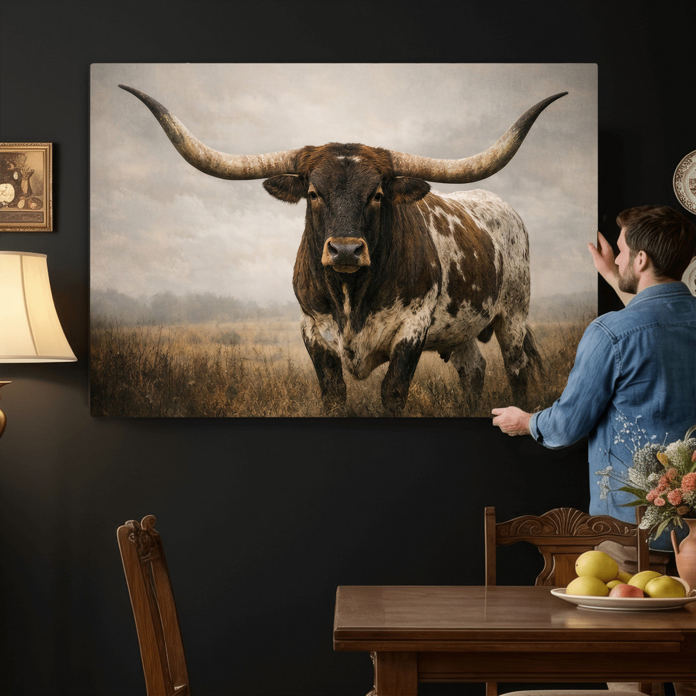 17622011L-MGV-CV-36X24 - Longhorn Bull Wall Art Canvas Print, Western Farmhouse Cowboy Decor, Rustic Texas Ranch Cattle Artwork for Living Room Bedroom Office, Framed Wall Decor