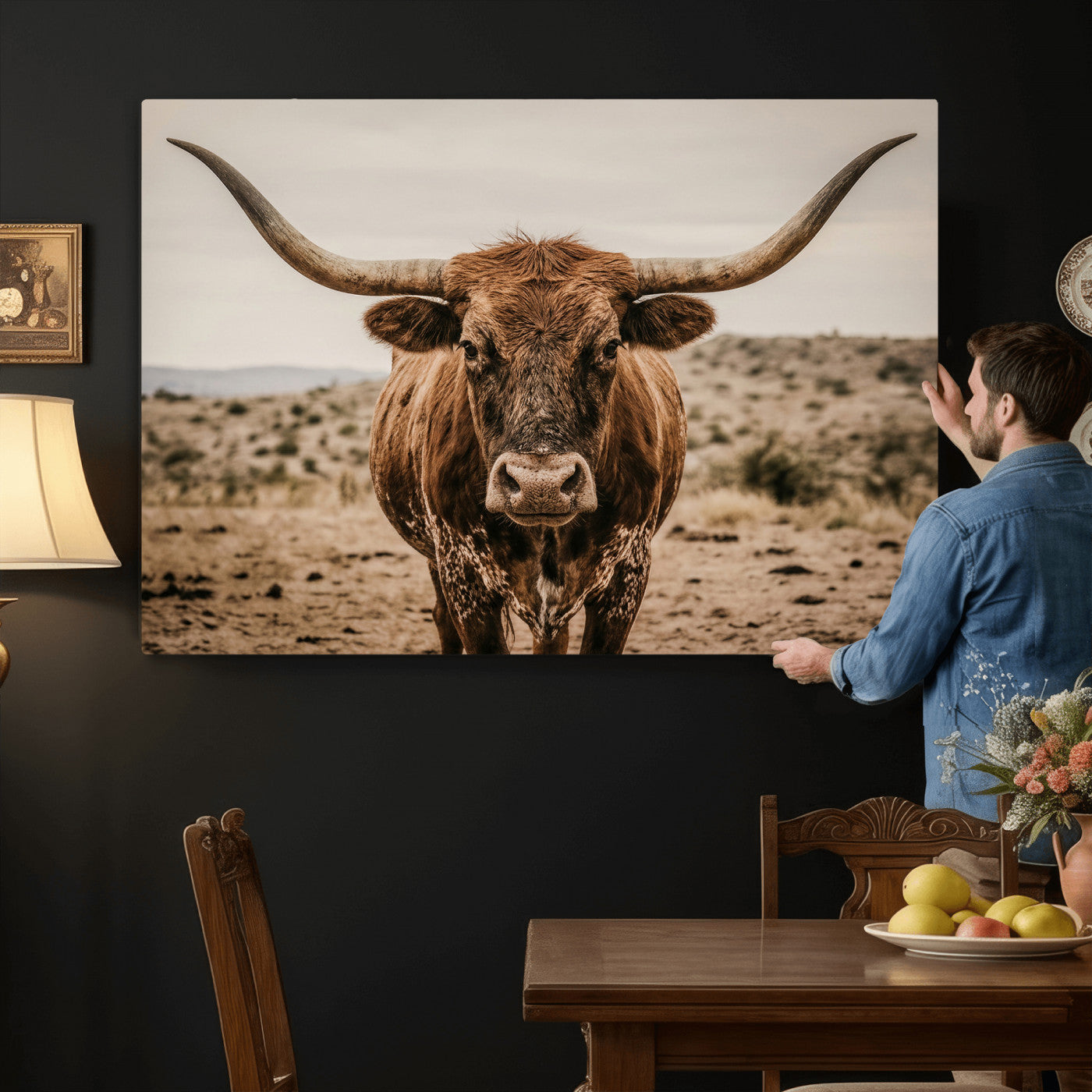 17622011K-MGV-CV-36X24 - Texas Longhorn Bull Wall Art Canvas Print, Western Farmhouse Cowboy Decor, Rustic Texas Ranch Cattle Artwork for Living Room Bedroom Office, Framed Wall Decor