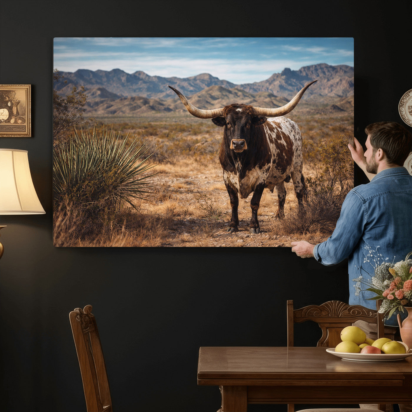 17622011S-MGV-CV-36X24 - Texas Longhorn Bull Wall Art Canvas Print, Western Farmhouse Cowboy Decor, Rustic Texas Ranch Cattle Artwork for Living Room Bedroom Office, Framed Wall Decor