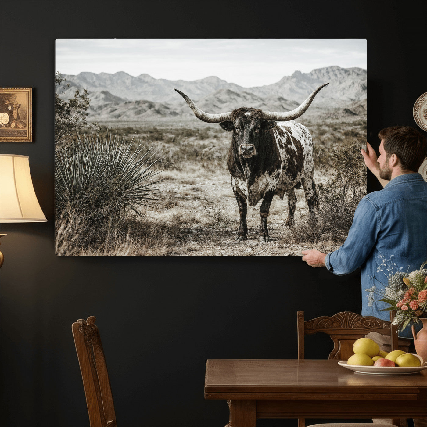 17622011H-MGV-CV-36X24 - Texas Longhorn Bull Wall Art Canvas Print, Western Farmhouse Cowboy Decor, Rustic Texas Ranch Cattle Artwork for Living Room Bedroom Office, Framed Wall Decor