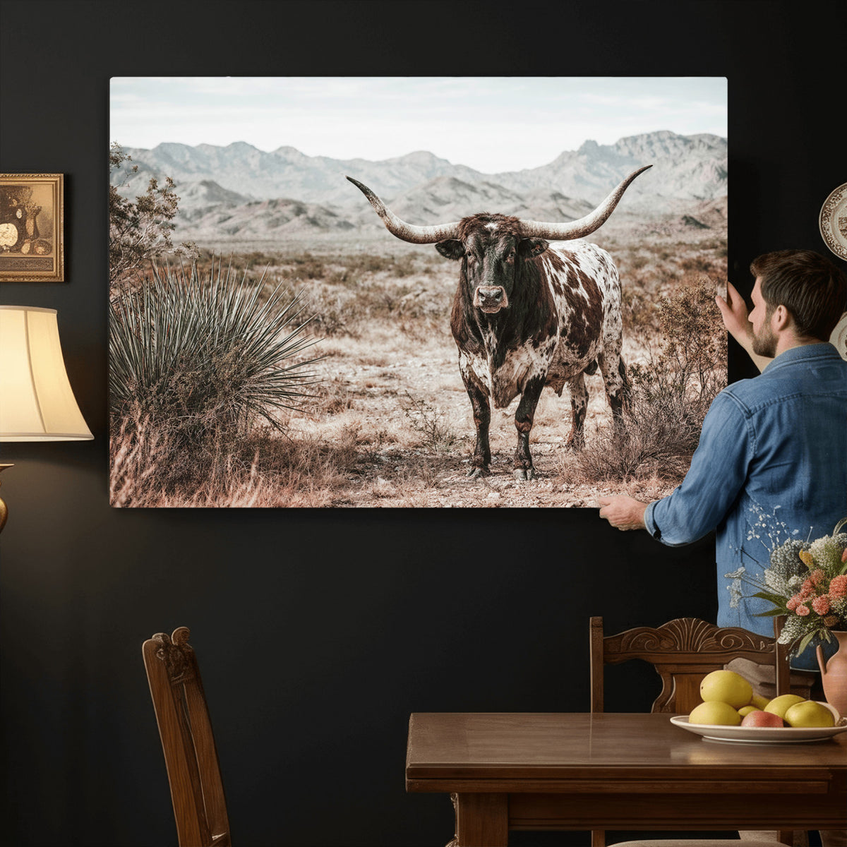 17622011H-MGV-CV-36X24 - Texas Longhorn Bull Wall Art Canvas Print, Western Farmhouse Cowboy Decor, Rustic Texas Ranch Cattle Artwork for Living Room Bedroom Office, Framed Wall Decor