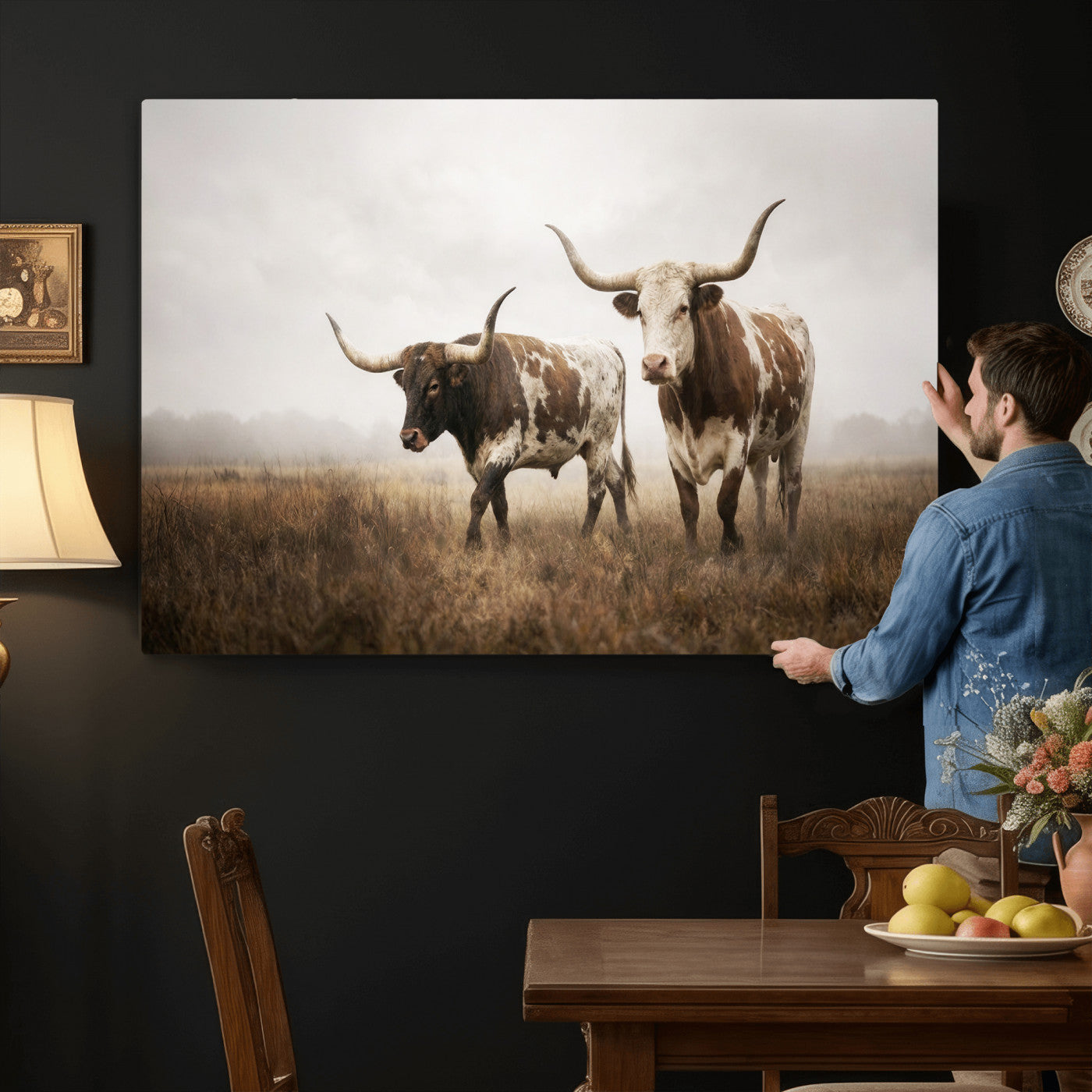 92881702-MGV-CV-36X24 - Texas Longhorn Canvas Wall Art Western Bull Desert Moody Grey Overcast Rustic Farmhouse Framed Large for Living Room Bedroom Office Decor