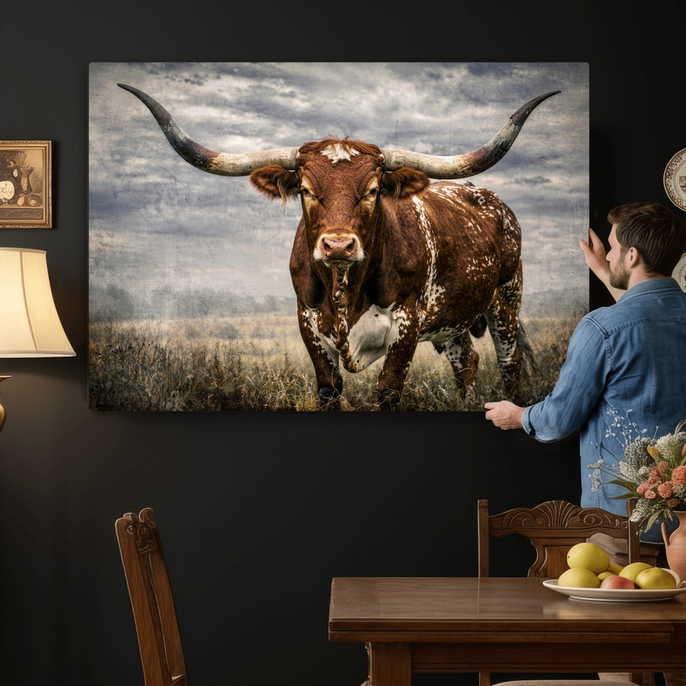 14372769-MGV-CV-36X24 - Texas Longhorn Canvas Wall Art Western Bull Desert Moody Grey Overcast Rustic Farmhouse Framed Large for Living Room Bedroom Office Decor