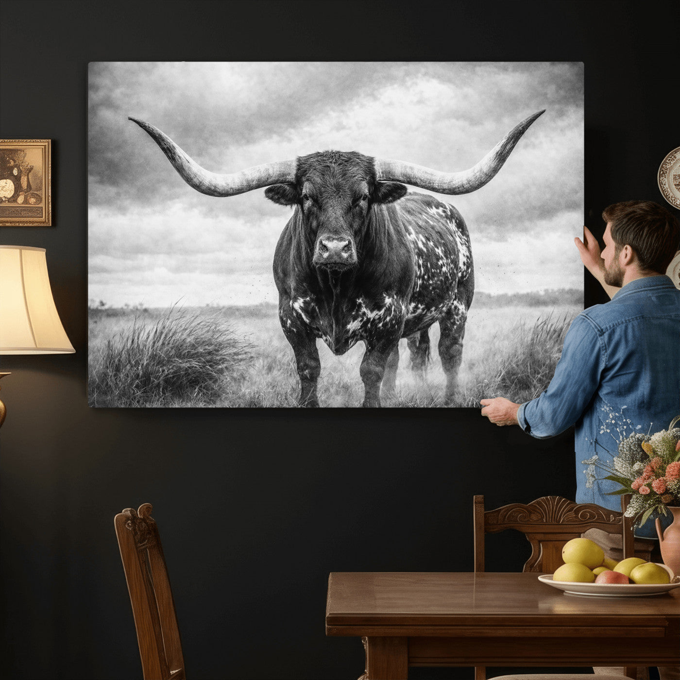19951238-MGV-CV-36X24 - Texas Longhorn Canvas Wall Art Western Bull Desert Moody Grey Overcast Rustic Farmhouse Framed Large for Living Room Bedroom Office Decor