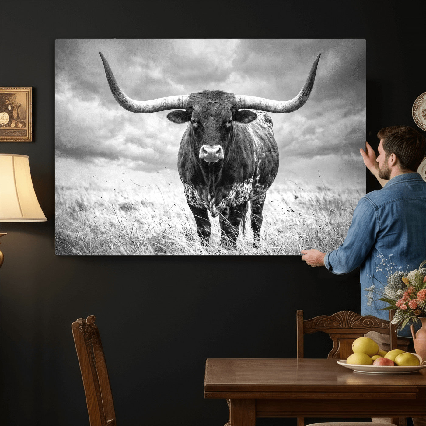 63336115-MGV-CV-36X24 - Texas Longhorn Canvas Wall Art Western Bull Desert Moody Grey Overcast Rustic Farmhouse Framed Large for Living Room Bedroom Office Decor