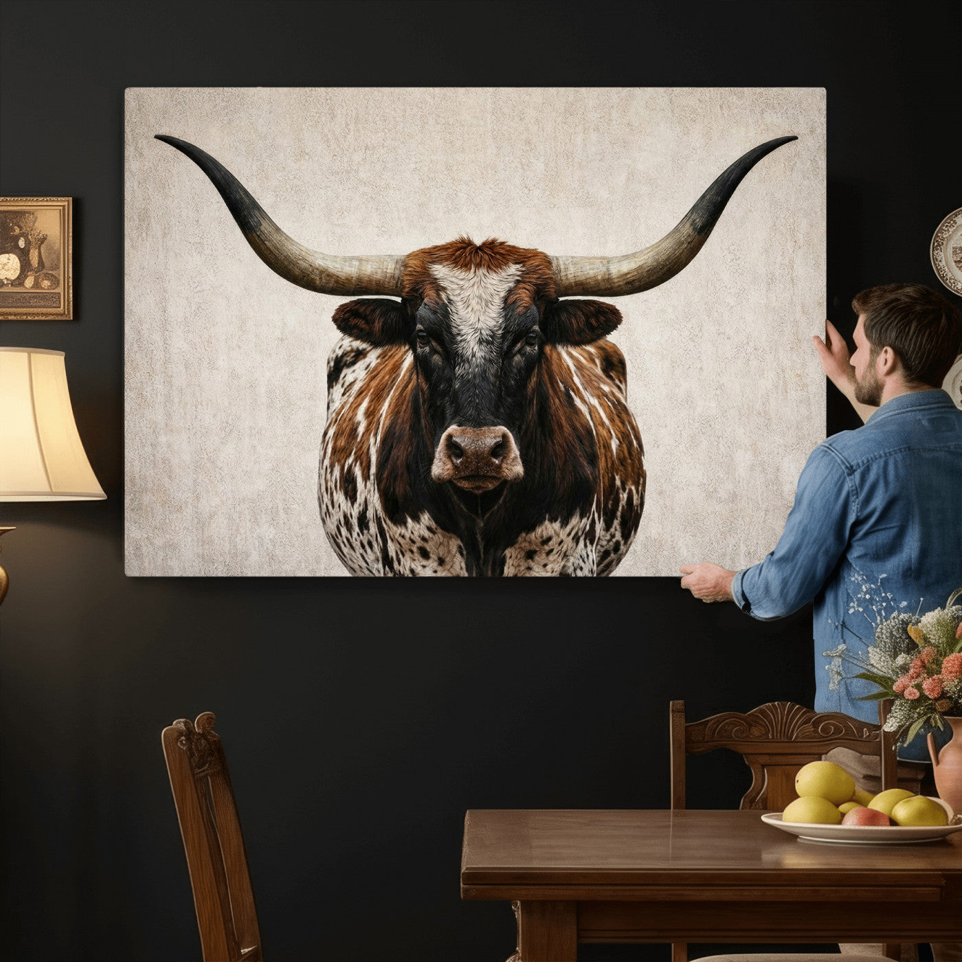 58622065-MGV-CV-36X24 - Texas Longhorn Canvas Wall Art Western Bull Desert Moody Grey Overcast Rustic Farmhouse Framed Large for Living Room Bedroom Office Decor