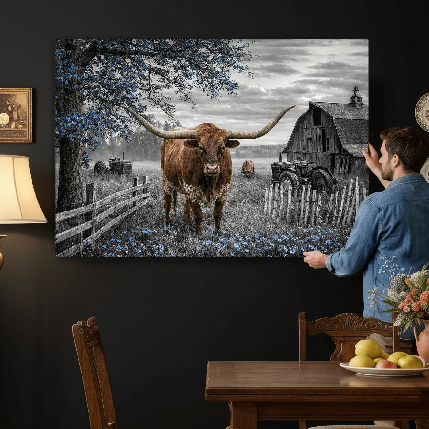 19366343-MGV-CV-36X24 - Texas Longhorn Canvas Wall Art, Rustic Farm Barn Bluebonnet Photography Print, Farmhouse Country Decor, Western Ranch Art, Old Truck Tractor Print