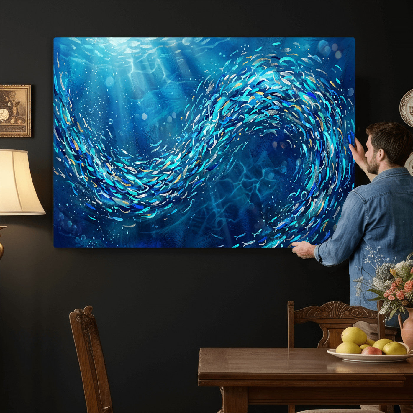 54535639-MGV-CV-36X24 - School of Fish Canvas Print | Blue Ocean Underwater Wall Art | Swirling Fish Shoal Illustration | Marine Navy Coastal Decor