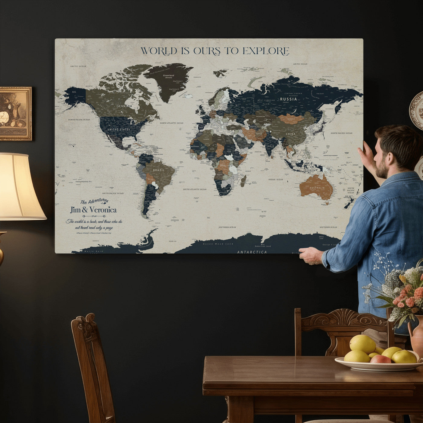 64110391126C-MGV-CV-36X24 - Custom Push Pin World Map Wall Art Canvas Print – Personalized Travel Tracker with Pins Framed Large for Home and Office Decor