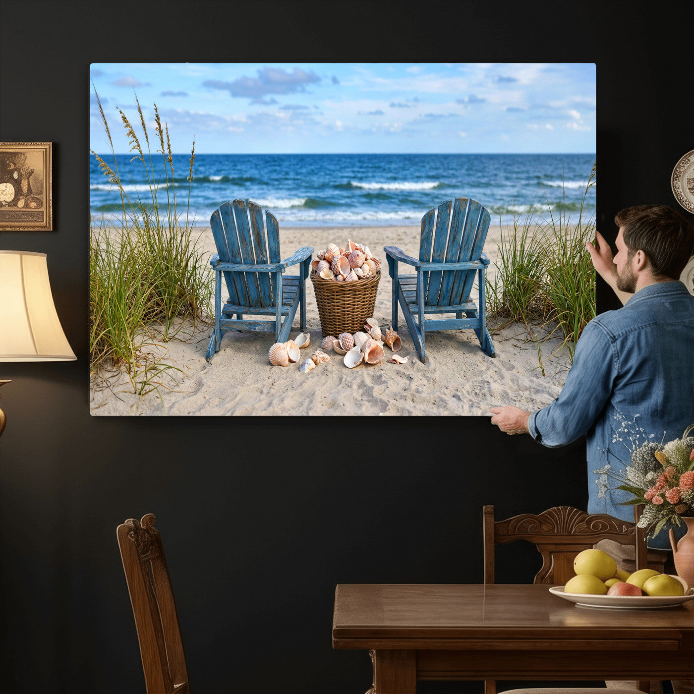 80268829-MGV-CV-36X24 - Large Beach Canvas Wall Art Coastal Adirondack Chairs Ocean Seashells Blue Nautical Framed Large for Living Room Bedroom Bathroom Decor