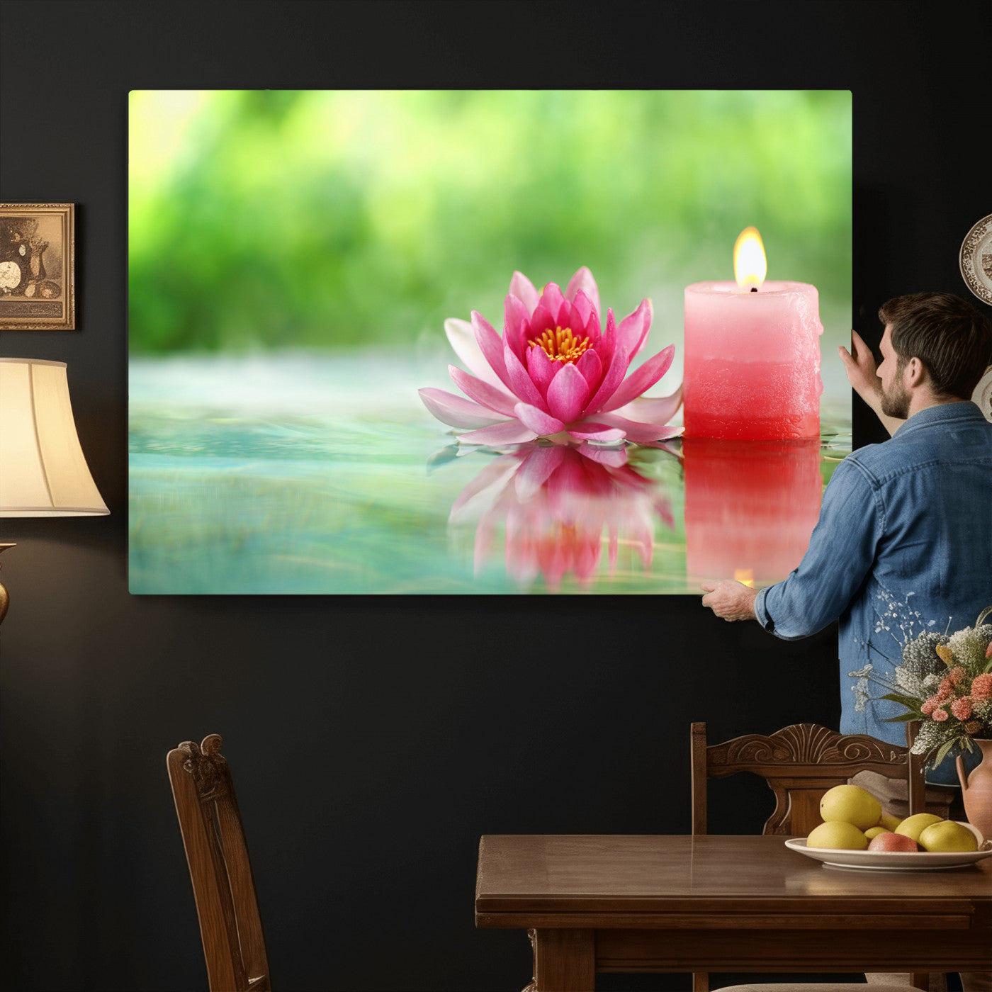 17661715-MGV-CV-36X24 - Zen Lotus Candle Canvas Wall Art Pink Spa Meditation Relaxation Green Bokeh Framed Large for Bathroom Bedroom Living Room Office Decor