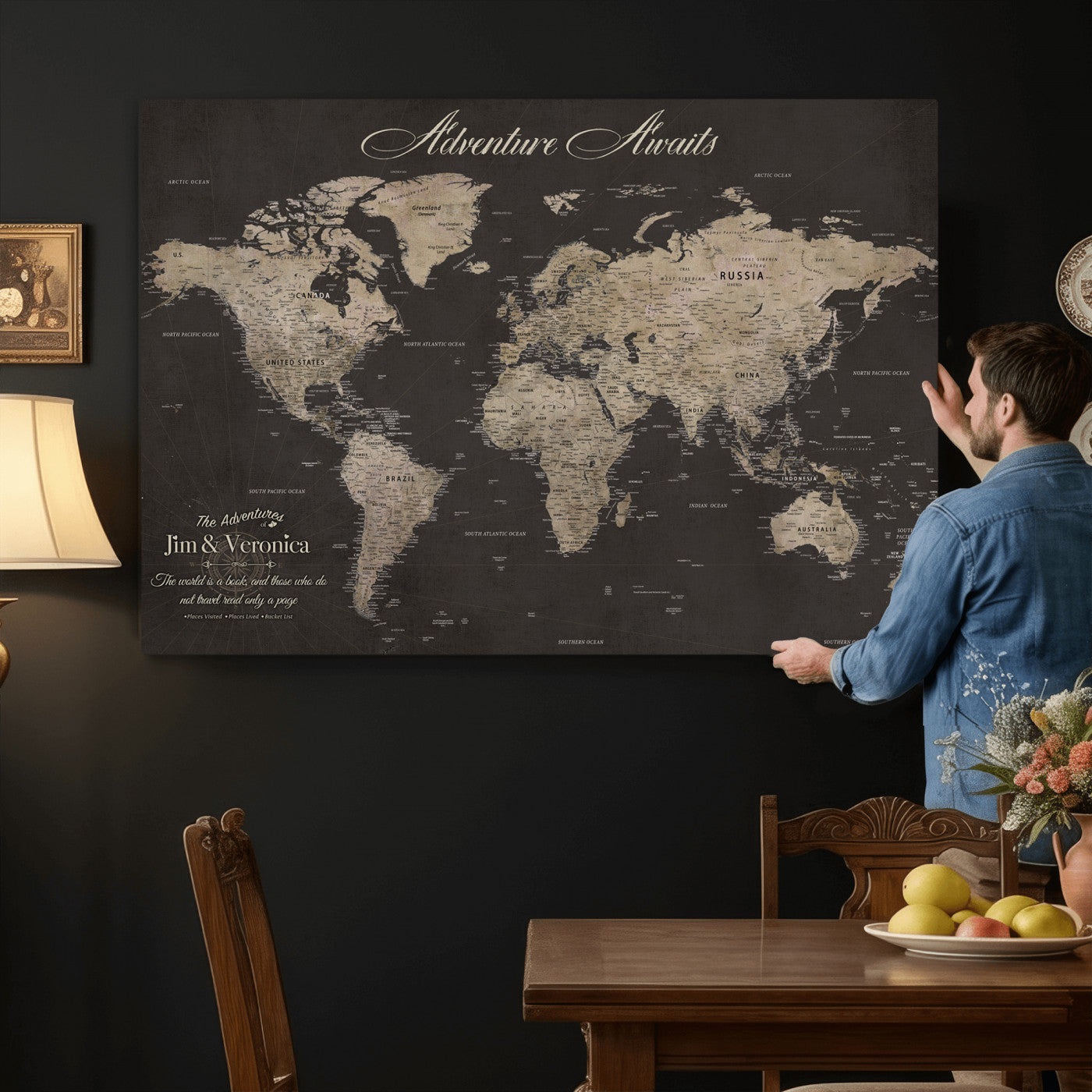 56556018136C-MGV-CV-36X24 - Custom World Map with Pins Canvas Wall Art Dark Charcoal Antique Tan Detailed Every Country Labeled Framed Large for Home Office Living Room Bedroom Decor