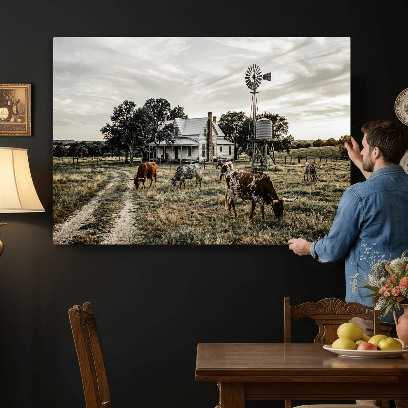 92429425-MGV-CV-36X24 - Texas Longhorn Ranch Wall Art Canvas Print, Rustic Western Farmhouse Decor, Country Landscape Canvas Wall Art, Vintage Cowboy Ranch Picture