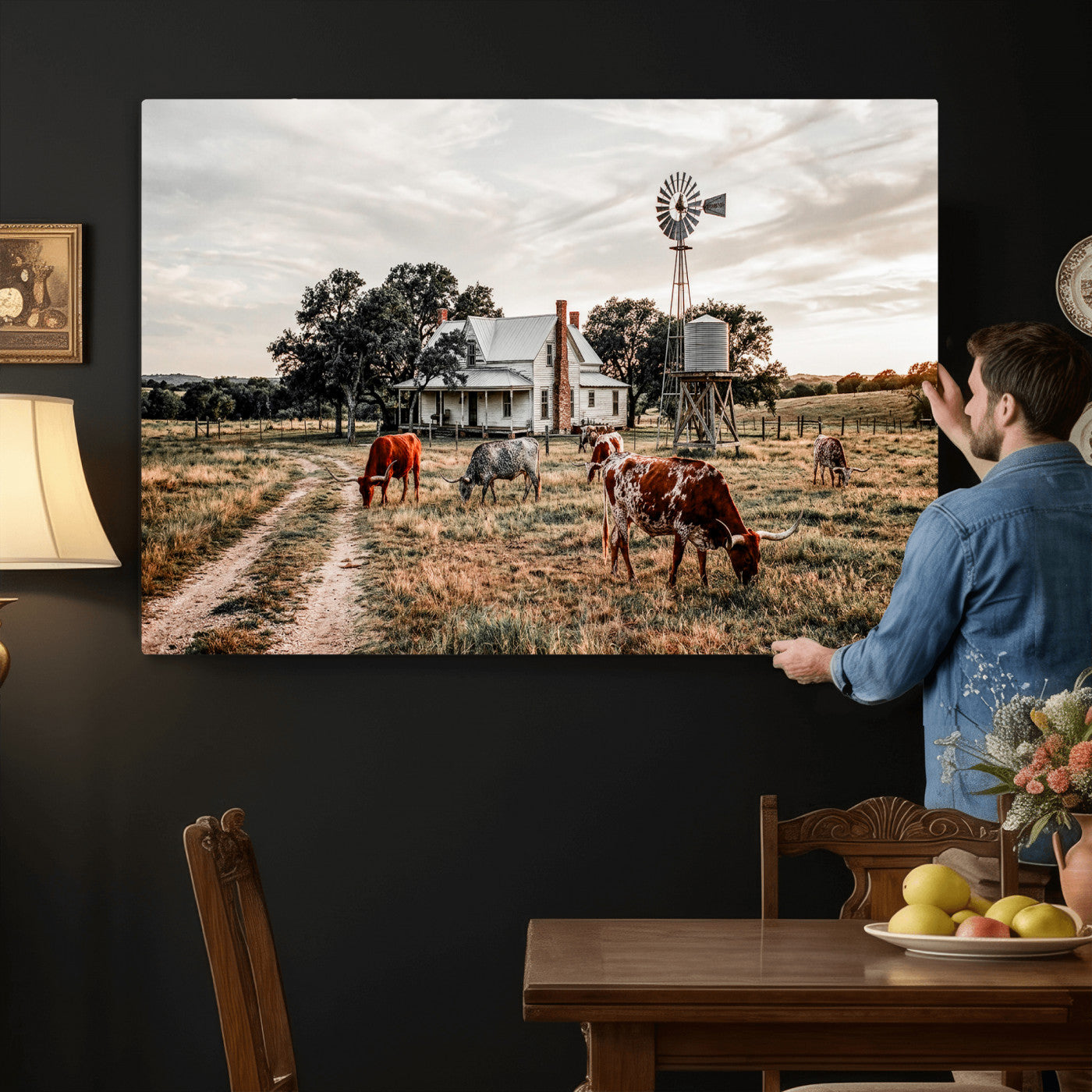 92429425-MGV-CV-36X24 - Texas Longhorn Ranch Wall Art Canvas Print, Rustic Western Farmhouse Decor, Country Landscape Canvas Wall Art, Vintage Cowboy Ranch Picture