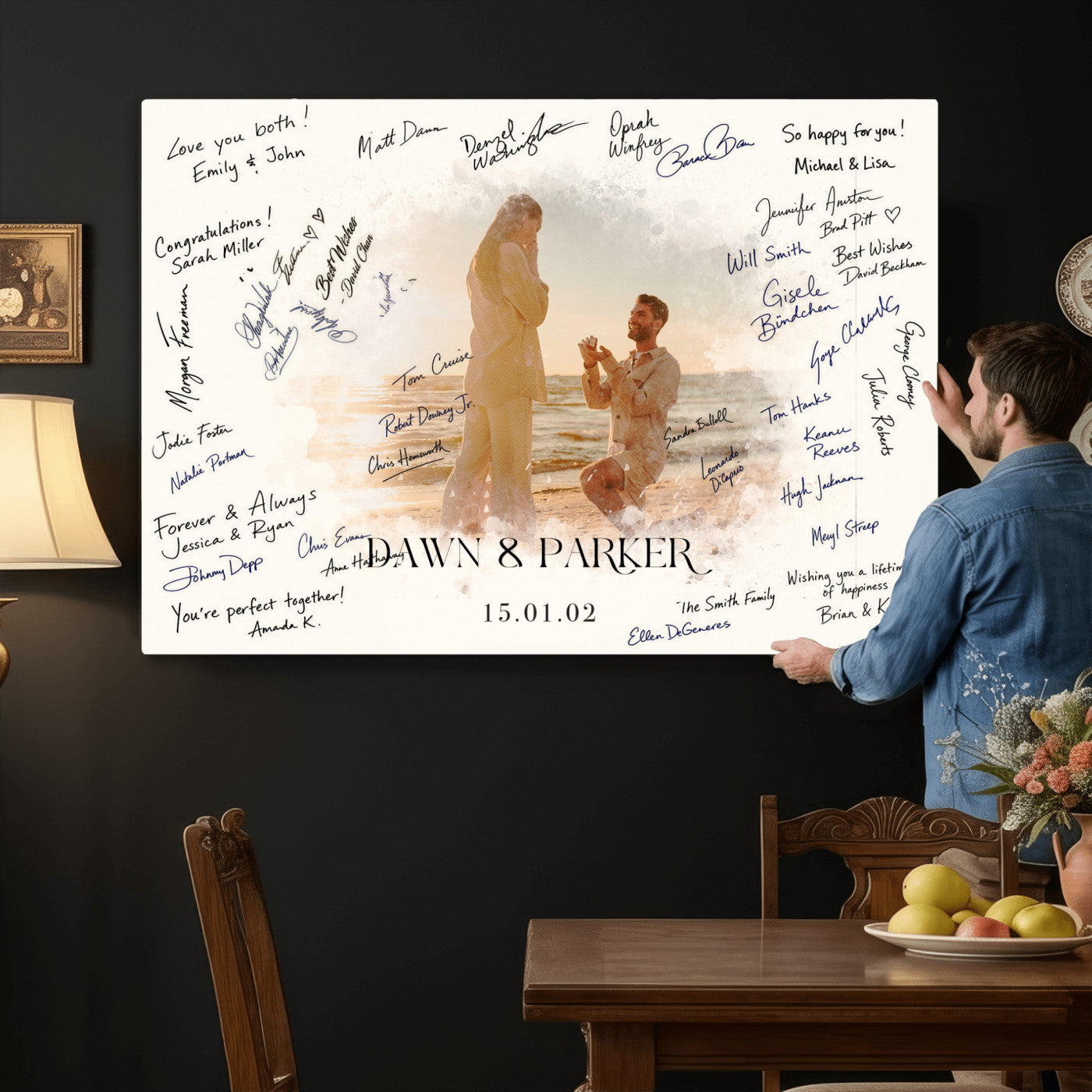 15696596-MGV-CV-36X24 - Wedding Guest Book Alternative Wall Art Canvas Print, Personalized Wedding Signature Poster, Custom Couple Photo Guestbook Canvas, Bridal Shower Reception Decor