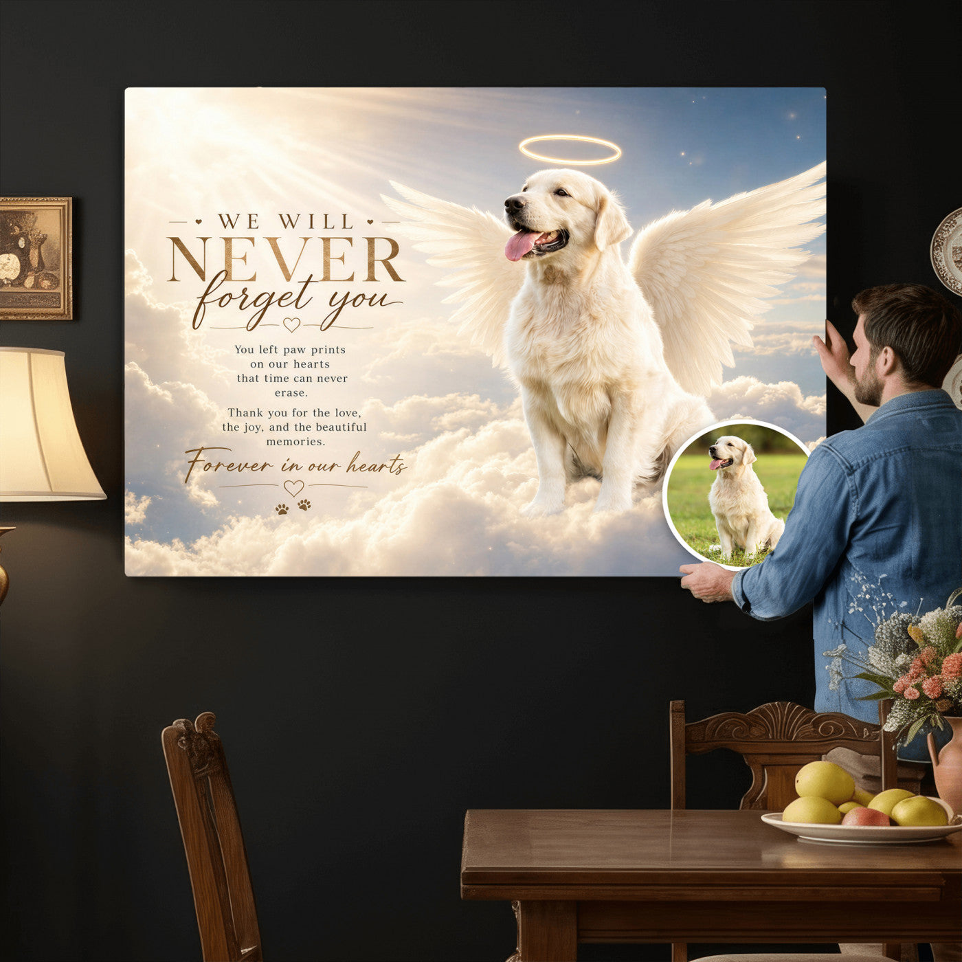 60312671-MGV-CV-36X24 - Pet Memorial Wall Art Canvas Print, Custom Dog Memorial Portrait, Personalized Angel Pet Loss Gift, Angel Wings Puppy Print