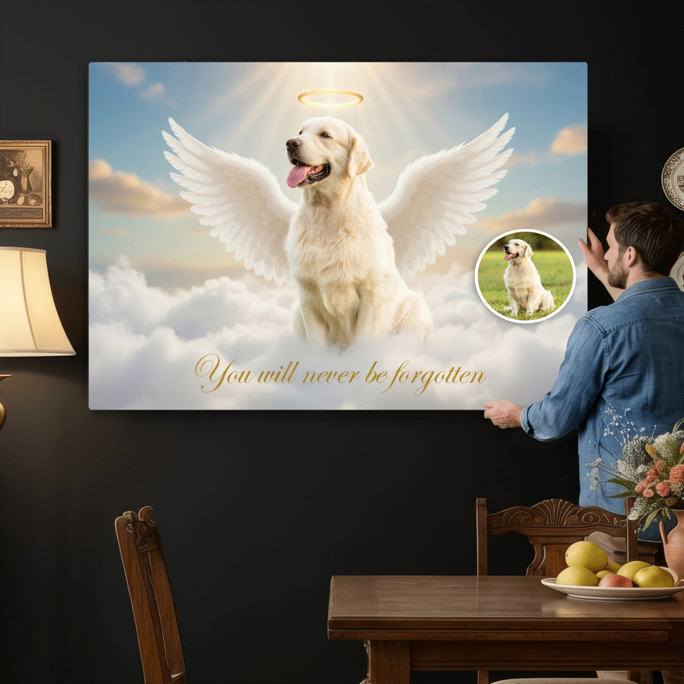 59821082-MGV-CV-36X24 - Pet Memorial Wall Art Canvas Print, Custom Dog Memorial Portrait, Personalized Angel Pet Loss Gift, Angel Wings Puppy Print
