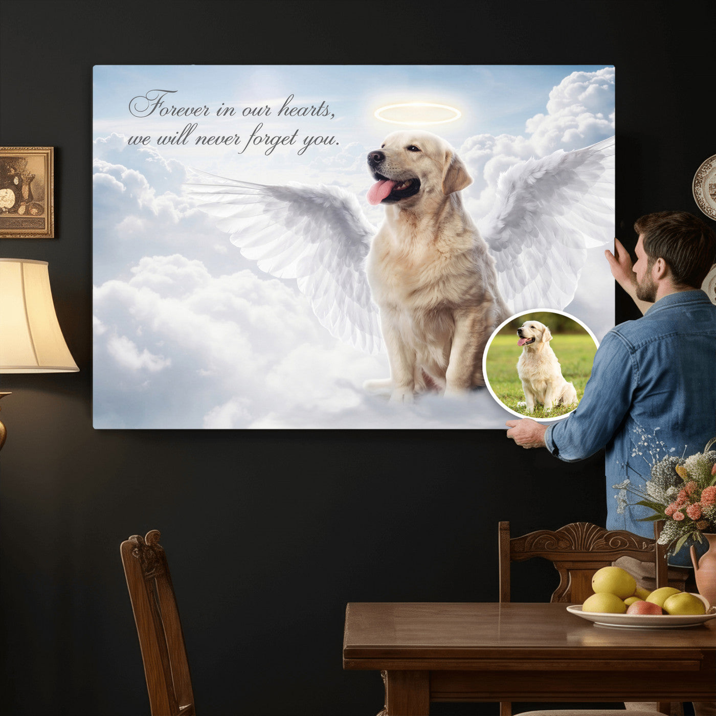 62795455-MGV-CV-36X24 - Pet Memorial Wall Art Canvas Print, Custom Dog Memorial Portrait, Personalized Angel Pet Loss Gift, Angel Wings Puppy Print