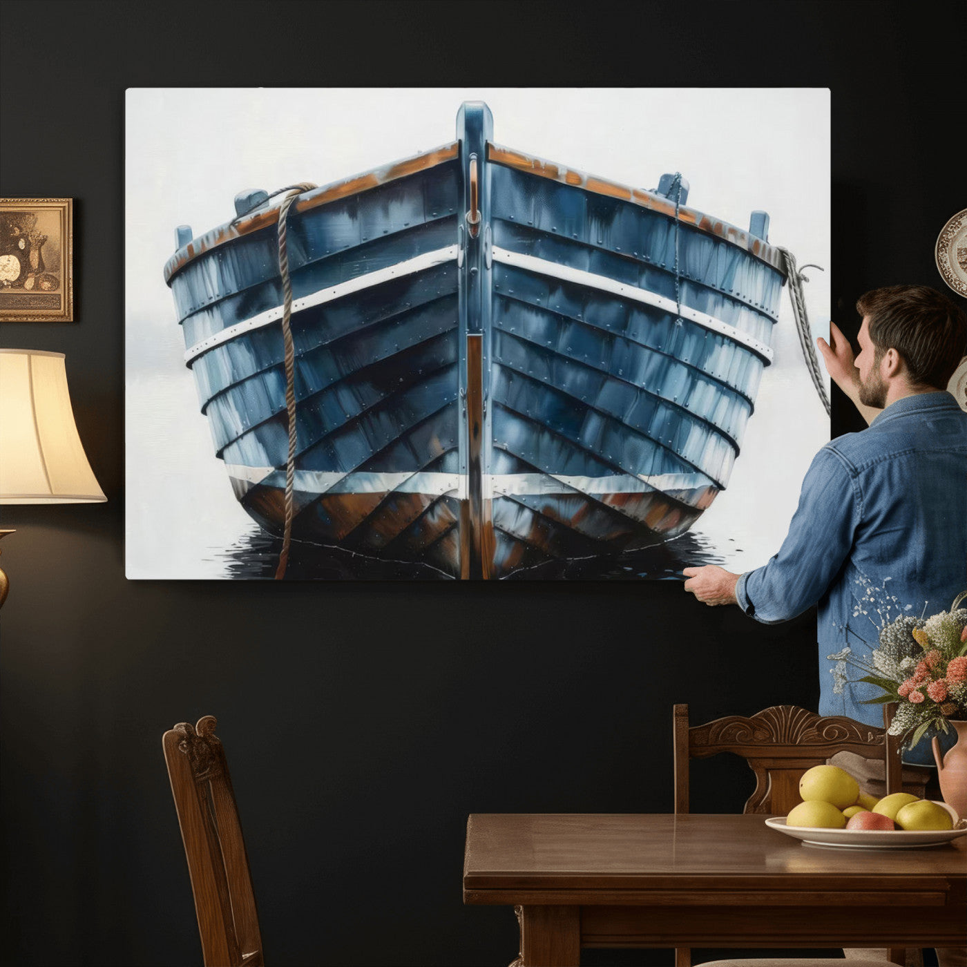 21601740-MGV-CV-36X24 - Blue Wooden Rowboat Canvas Wall Art, Coastal Nautical Boat Painting Print for Lake Beach House Decor, Minimalist Maritime Decor Artwork