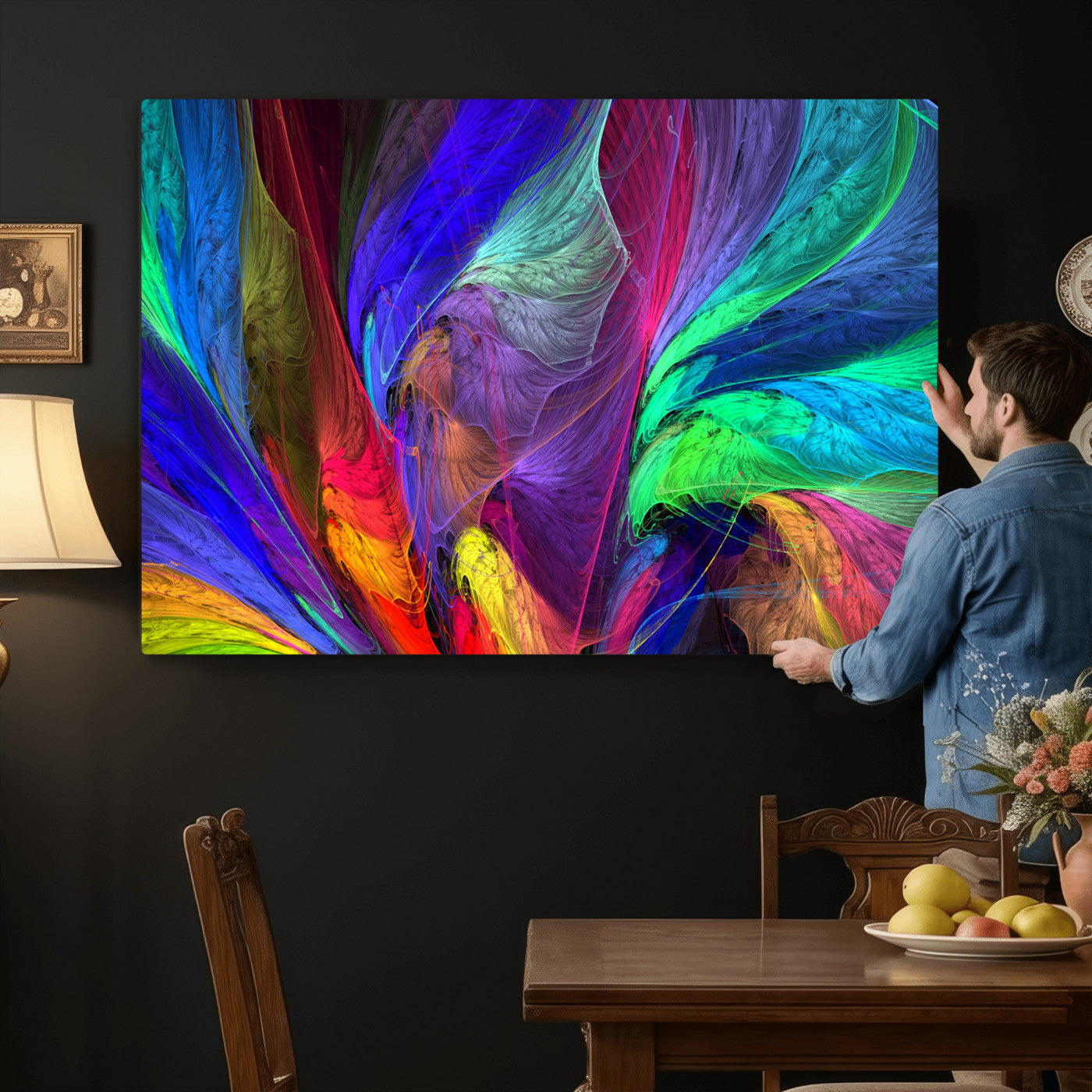 376925791-MGV-CV-36X24 - Colorful Abstract Canvas Wall Art, Rainbow Swirl Fractal Print, Bold Multicolor Living Room Decor, Vibrant Energy Art, Large Abstract Wall Art